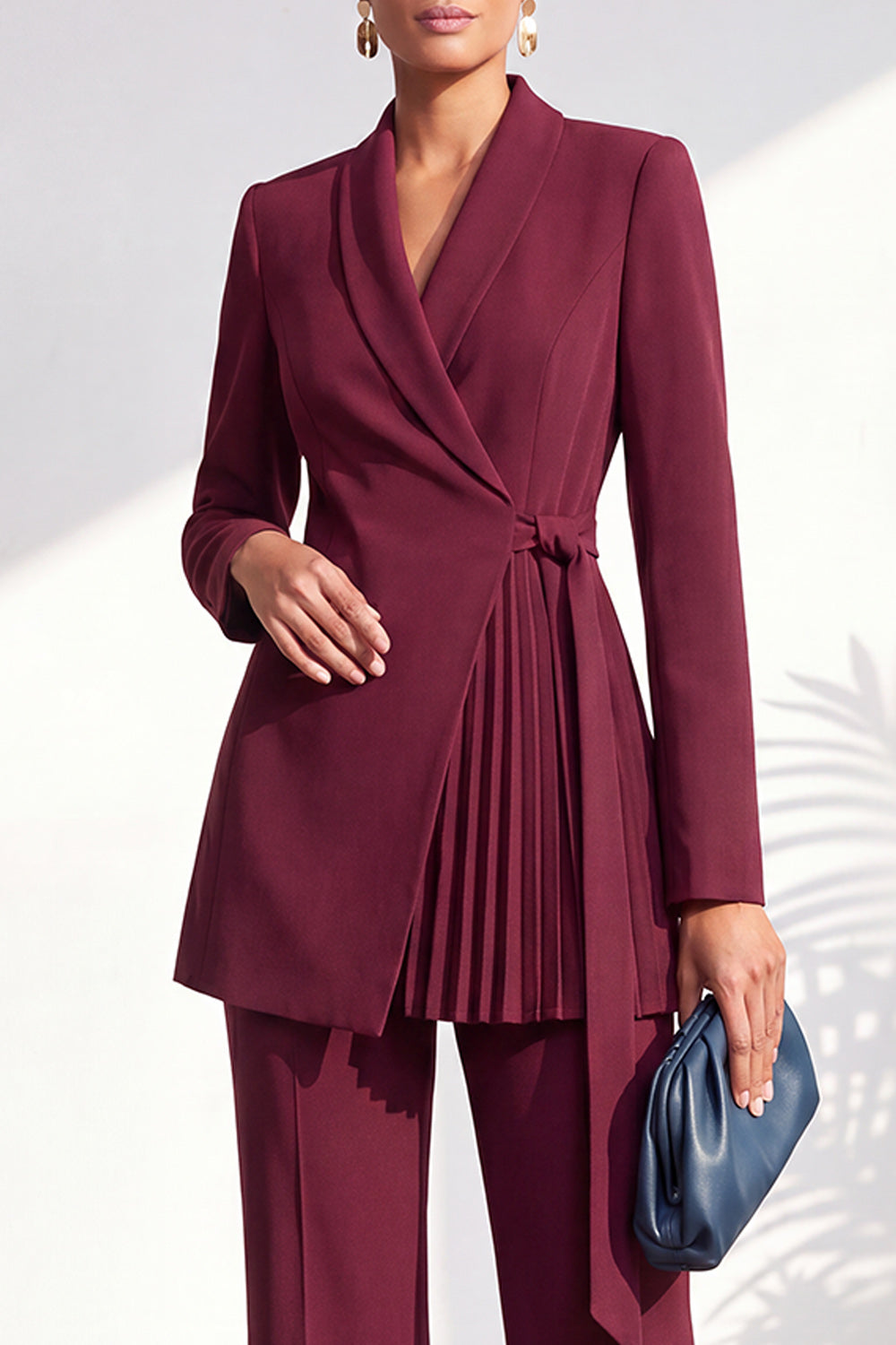 Dark Blue 2 Piece Shawl Lapel Pleated Work Suits with Sash