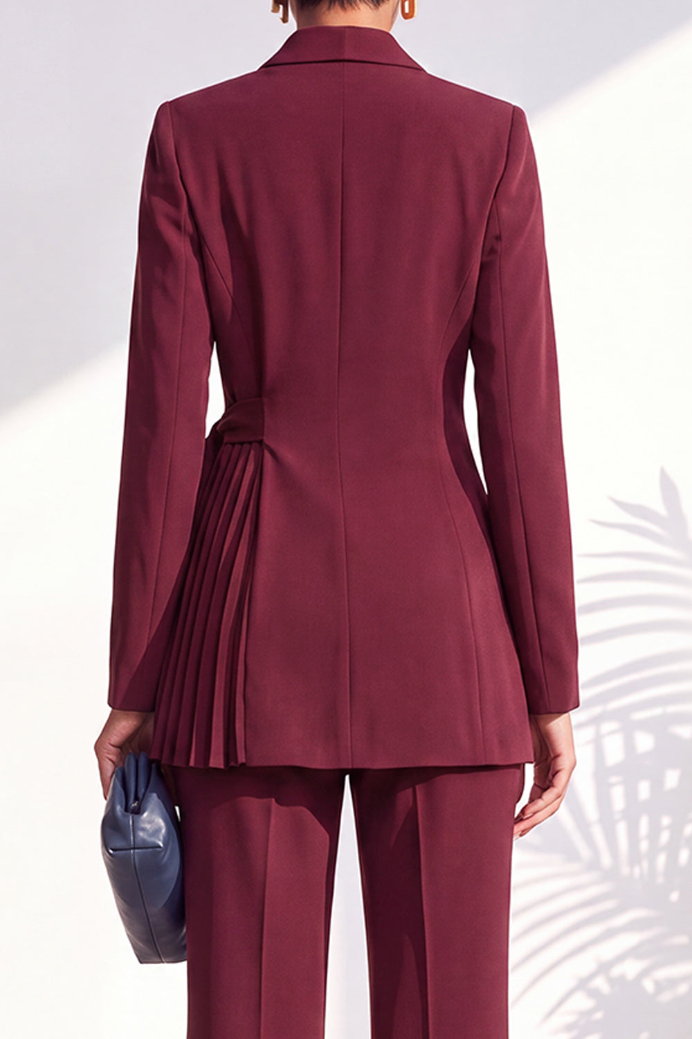 Dark Blue 2 Piece Shawl Lapel Pleated Work Suits with Sash