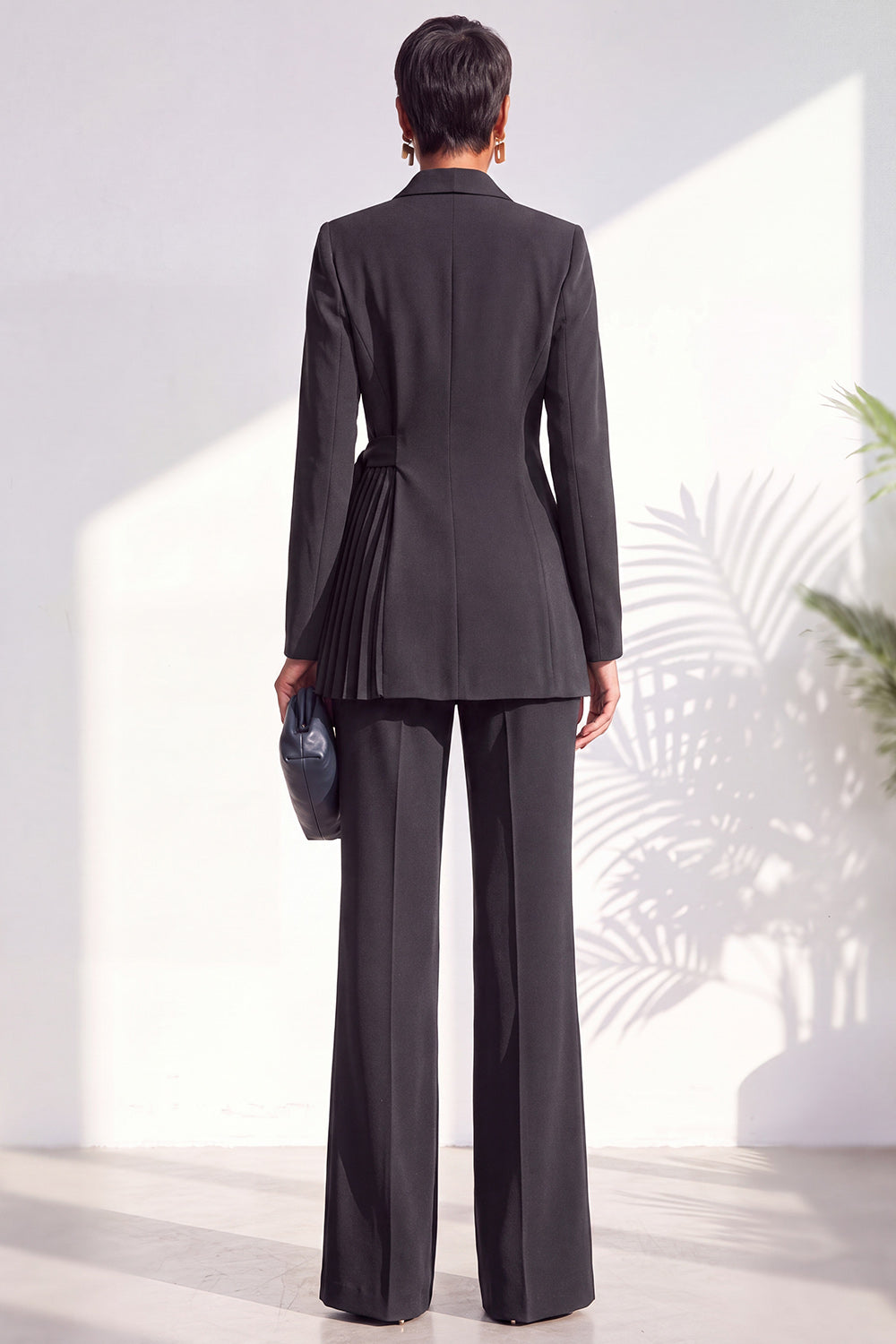 Dark Blue 2 Piece Shawl Lapel Pleated Work Suits with Sash