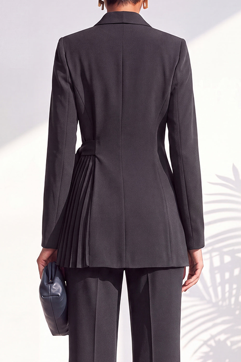Dark Blue 2 Piece Shawl Lapel Pleated Work Suits with Sash