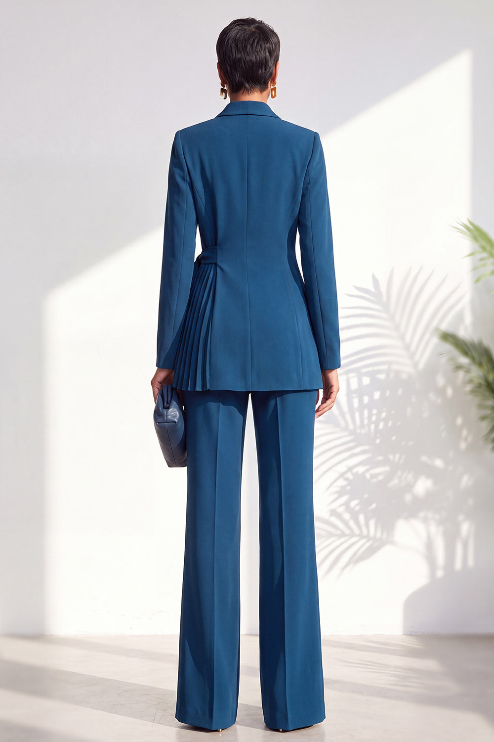Dark Blue 2 Piece Shawl Lapel Pleated Work Suits with Sash