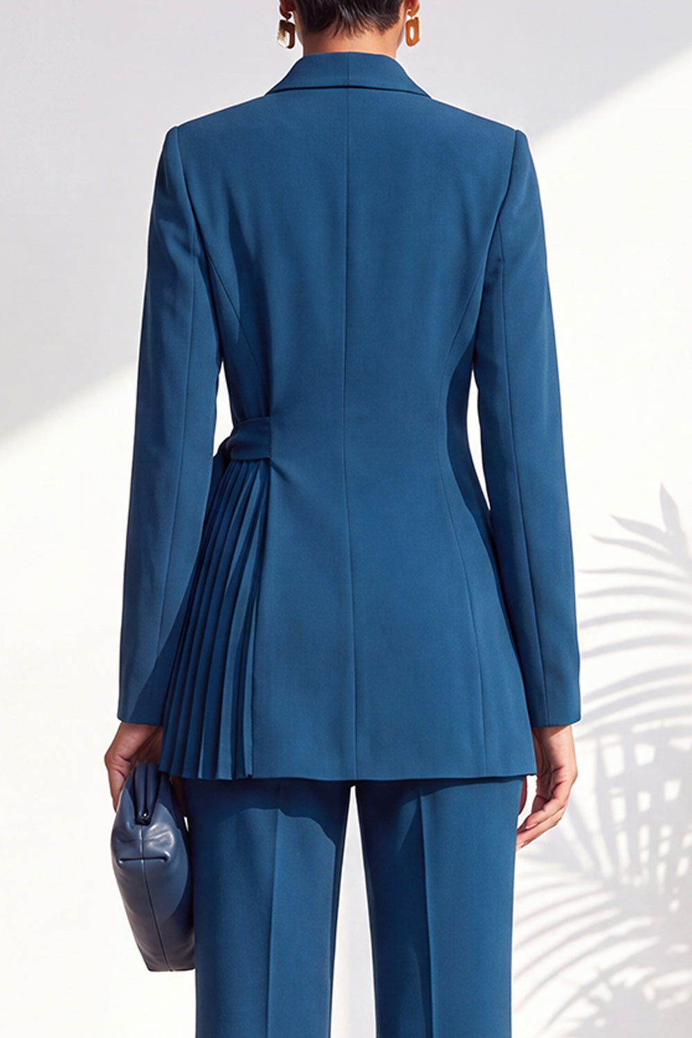 Dark Blue 2 Piece Shawl Lapel Pleated Work Suits with Sash