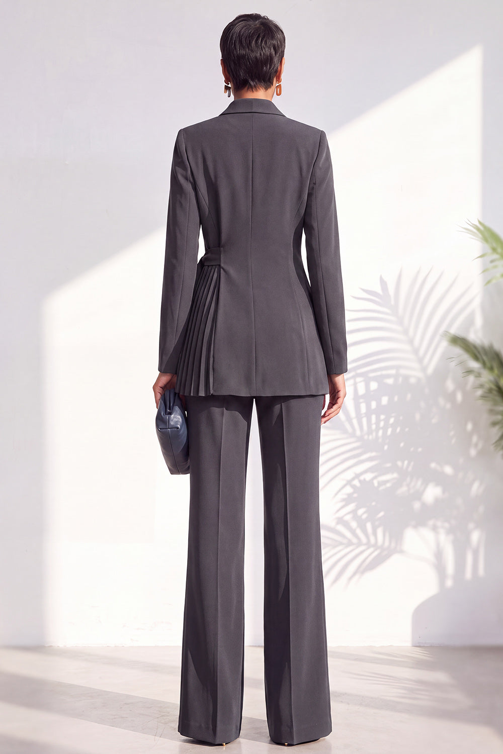 Dark Blue 2 Piece Shawl Lapel Pleated Work Suits with Sash