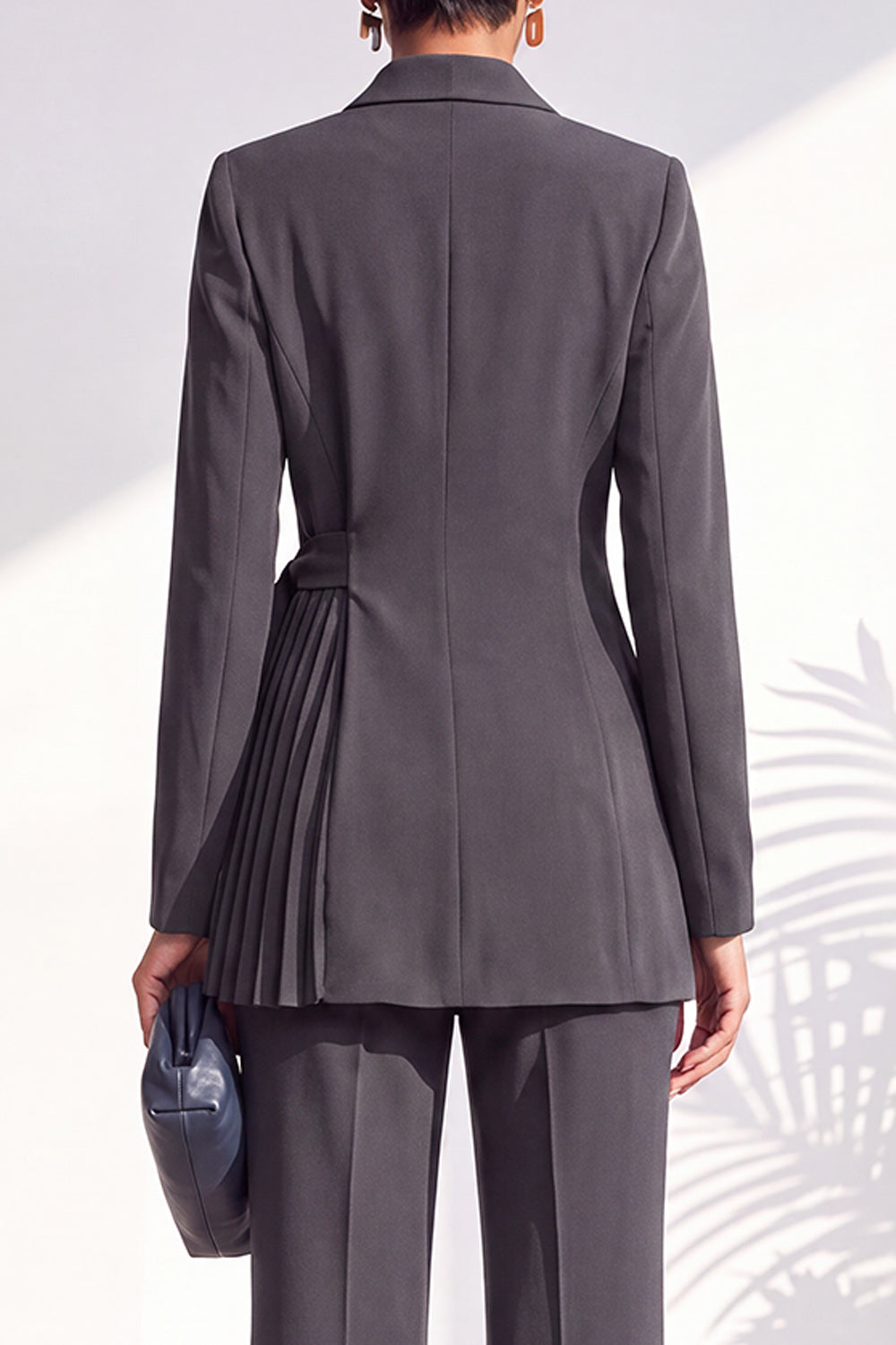 Dark Blue 2 Piece Shawl Lapel Pleated Work Suits with Sash