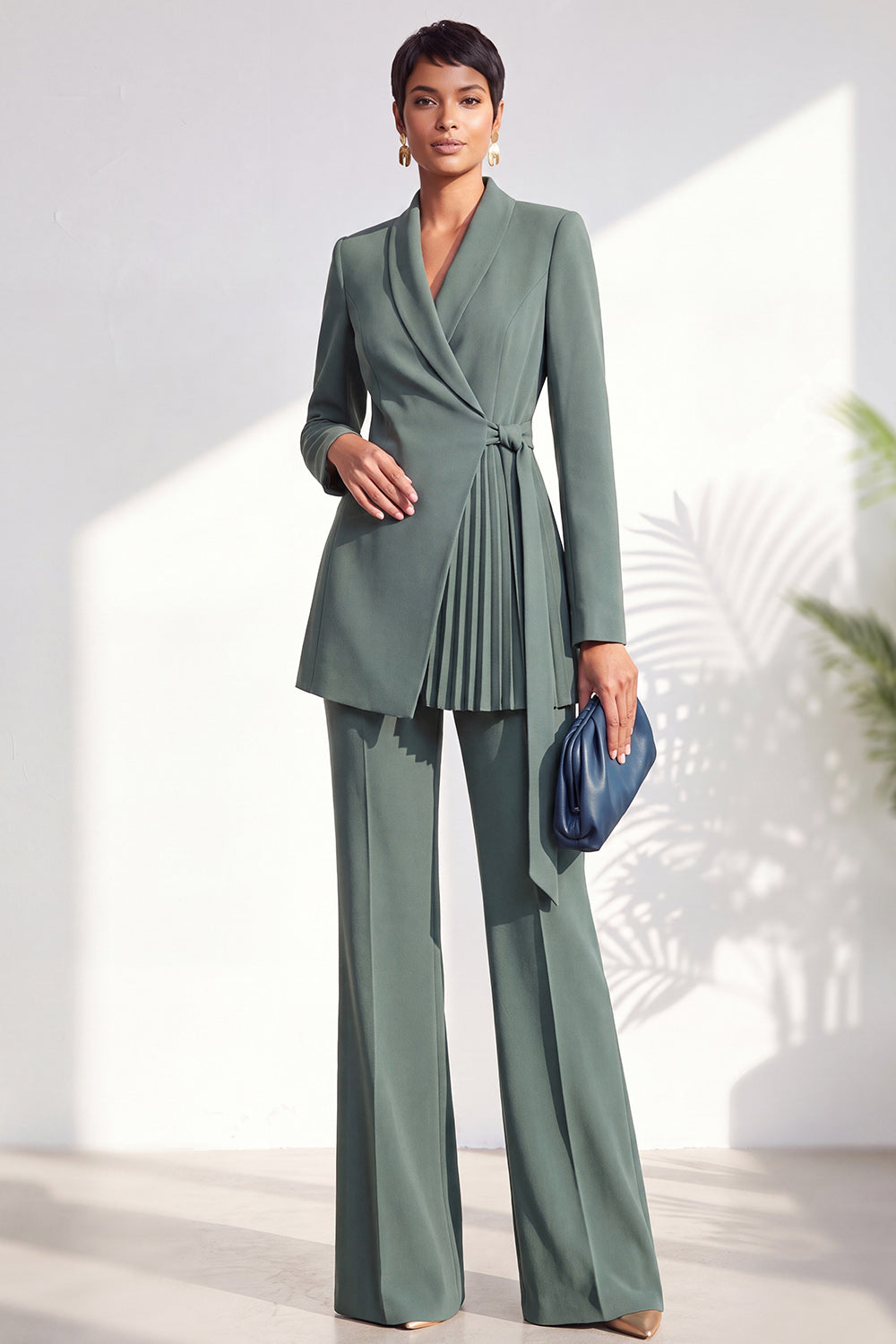 Dark Blue 2 Piece Shawl Lapel Pleated Work Suits with Sash