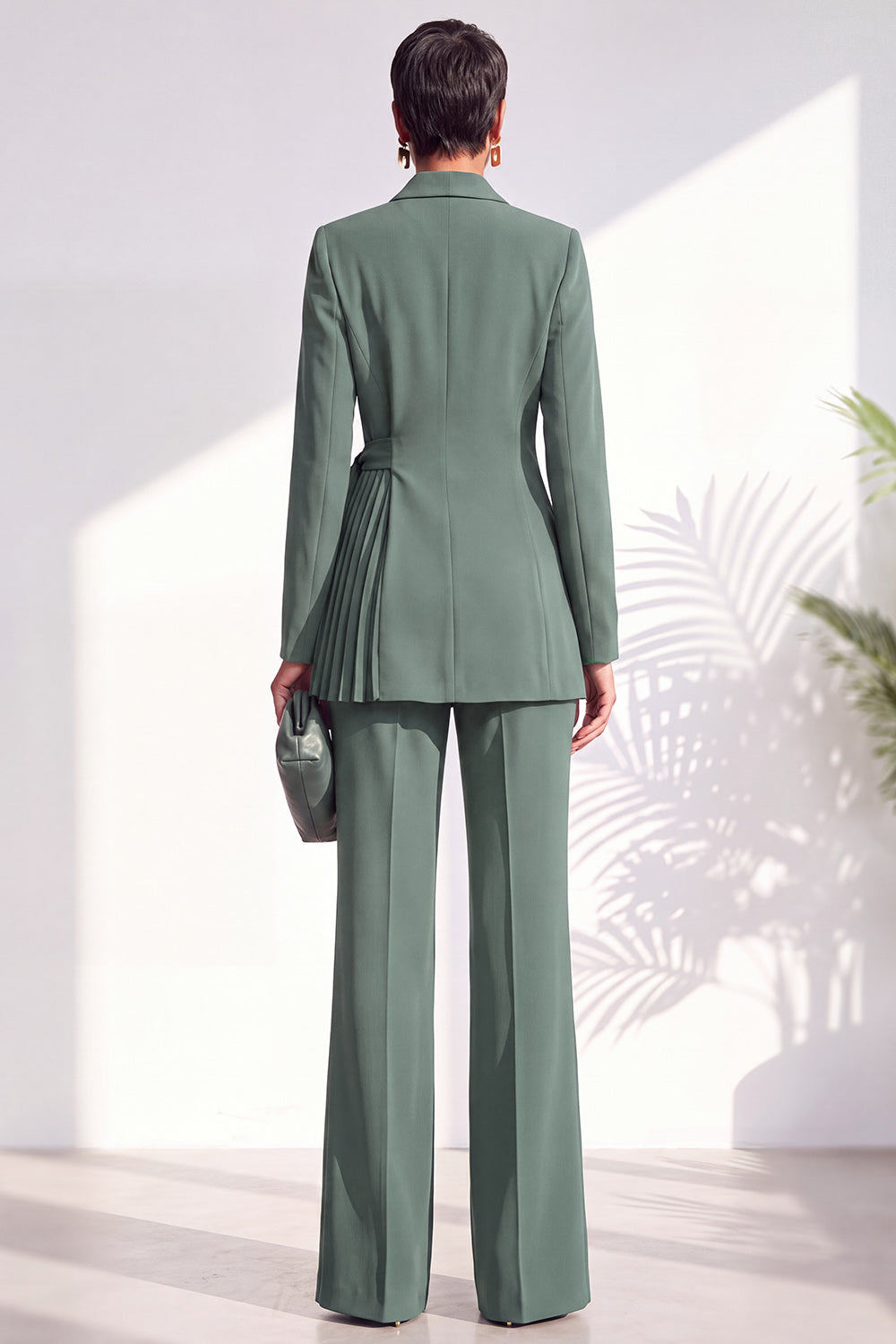 Dark Blue 2 Piece Shawl Lapel Pleated Work Suits with Sash