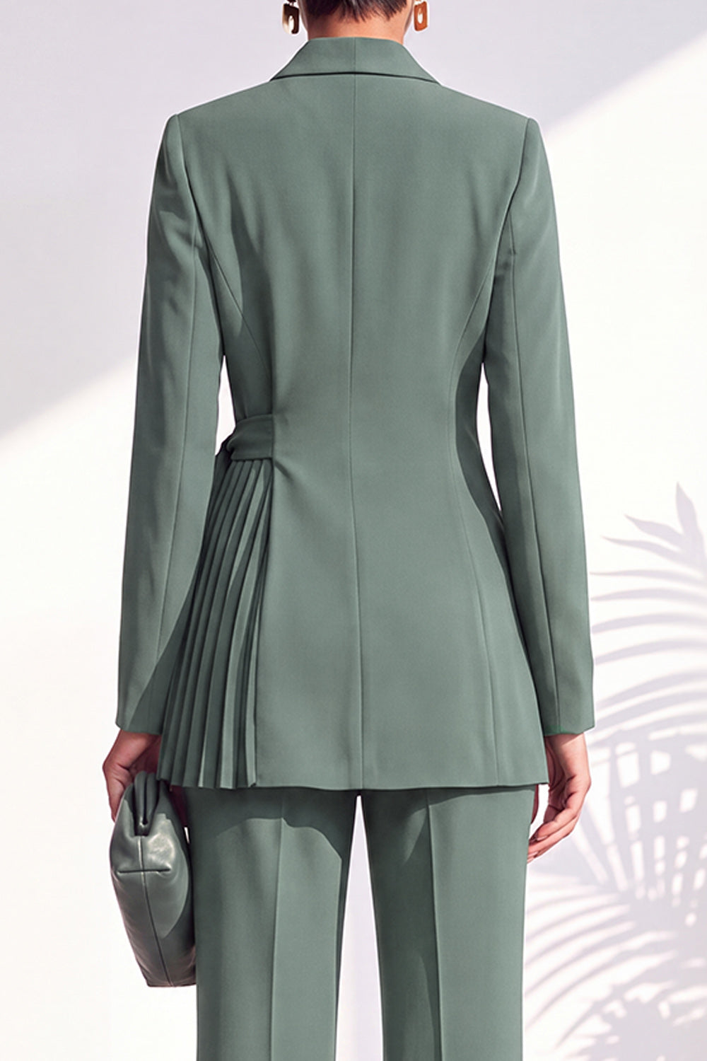 Dark Blue 2 Piece Shawl Lapel Pleated Work Suits with Sash