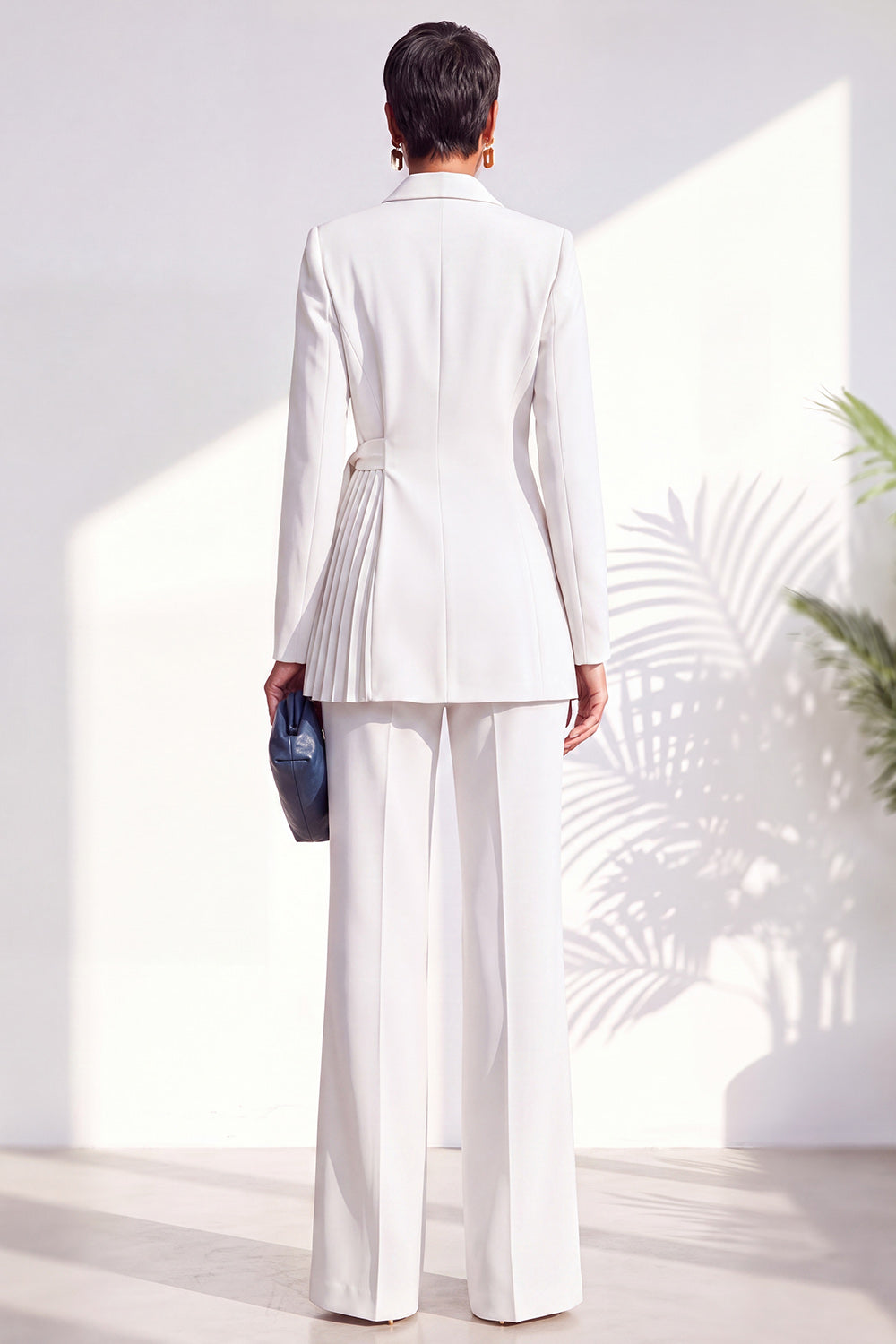 Dark Blue 2 Piece Shawl Lapel Pleated Work Suits with Sash