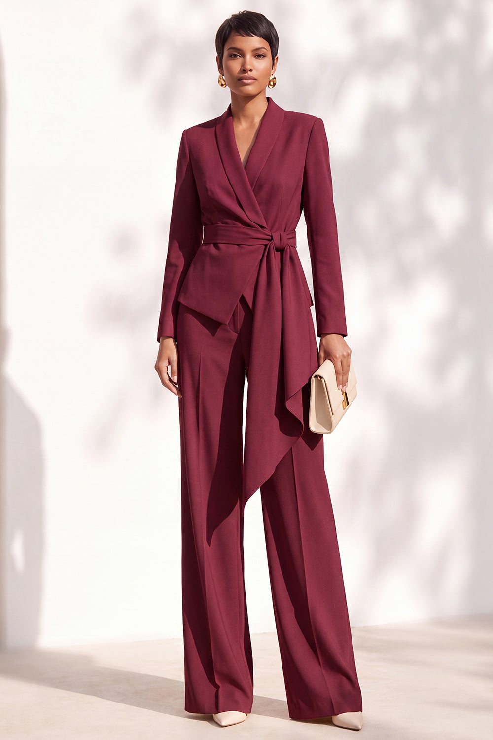 Burgundy 2 Piece Shawl Lapel Work Suits with Sash