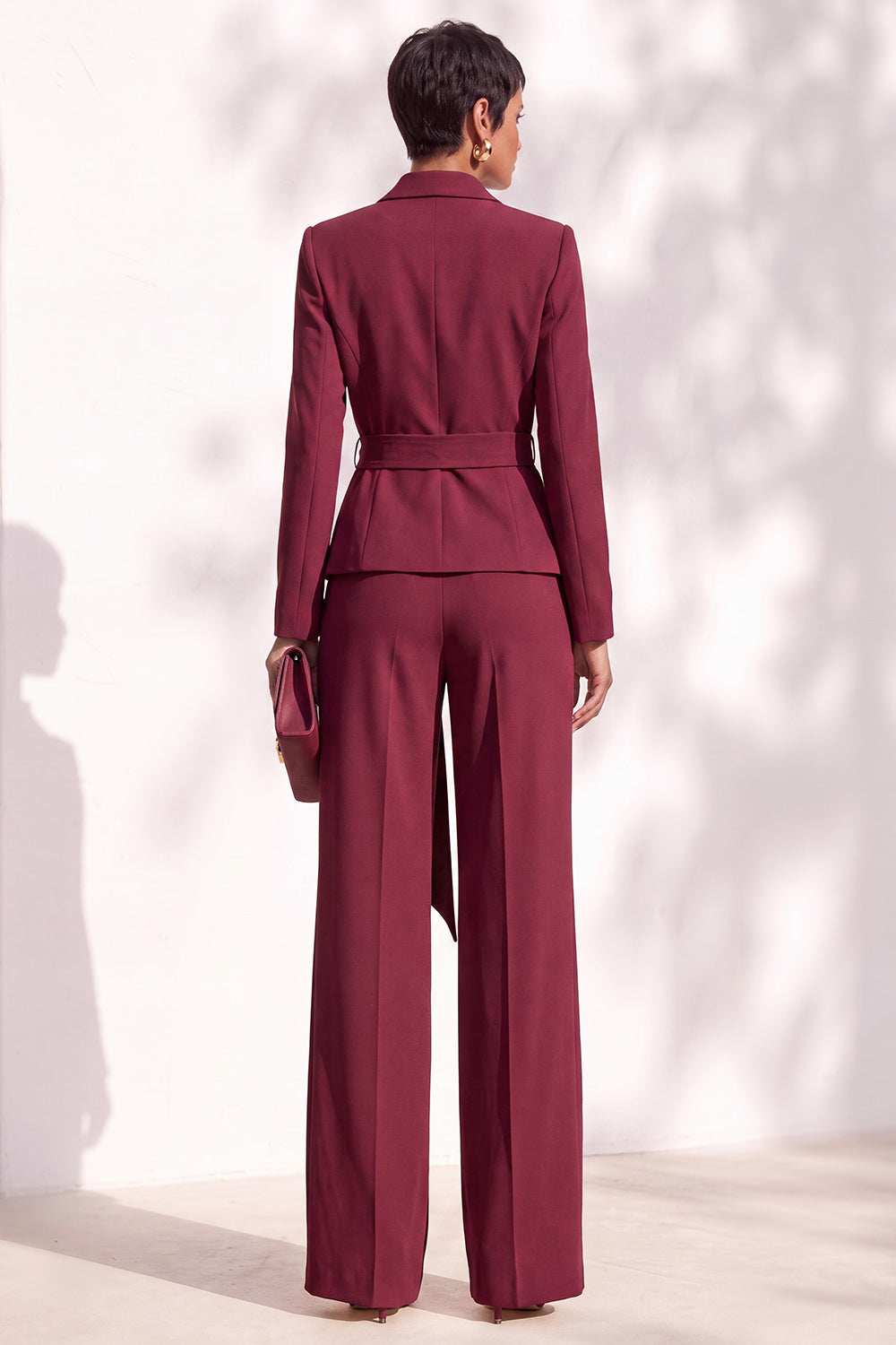 Burgundy 2 Piece Shawl Lapel Work Suits with Sash