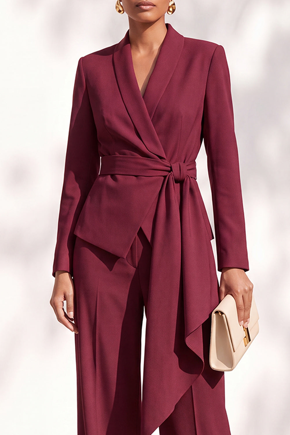 Burgundy 2 Piece Shawl Lapel Work Suits with Sash