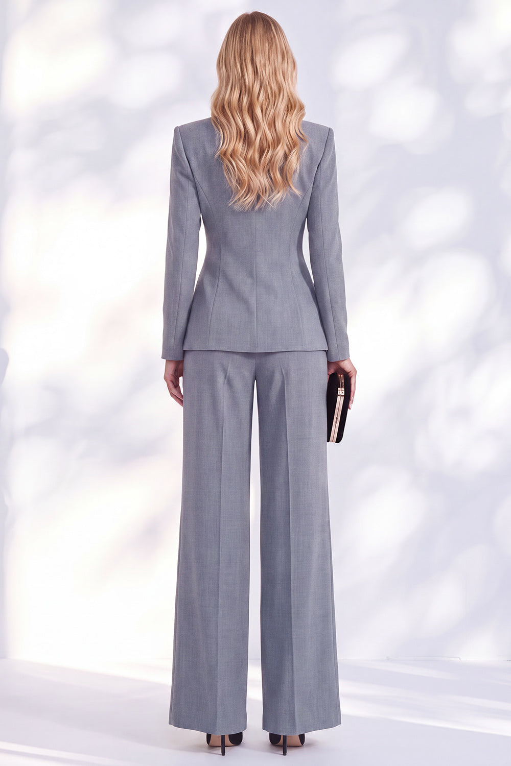 Grey 2 Piece Shawl Lapel Beaded Ruched Work Suits