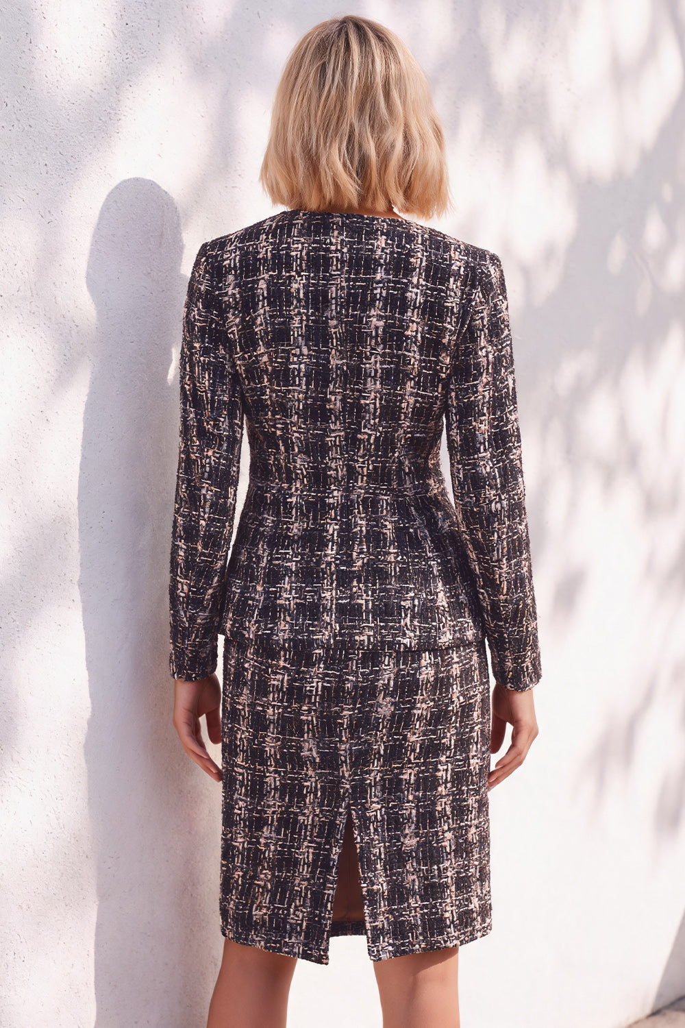 Blush 2 Piece Tweed Button Round Neck Short Work Dress