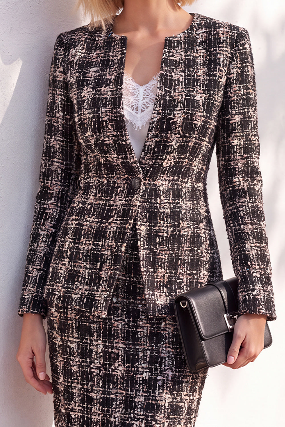 Blush 2 Piece Tweed Button Round Neck Short Work Dress