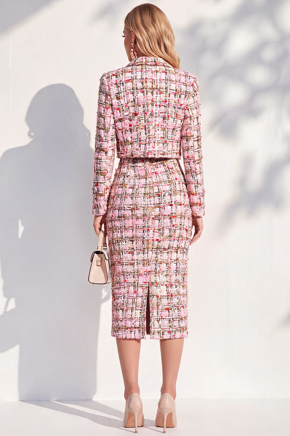 Pink Notched Lapel Bodycon Tweed Midi 2 Piece Blazer Dress