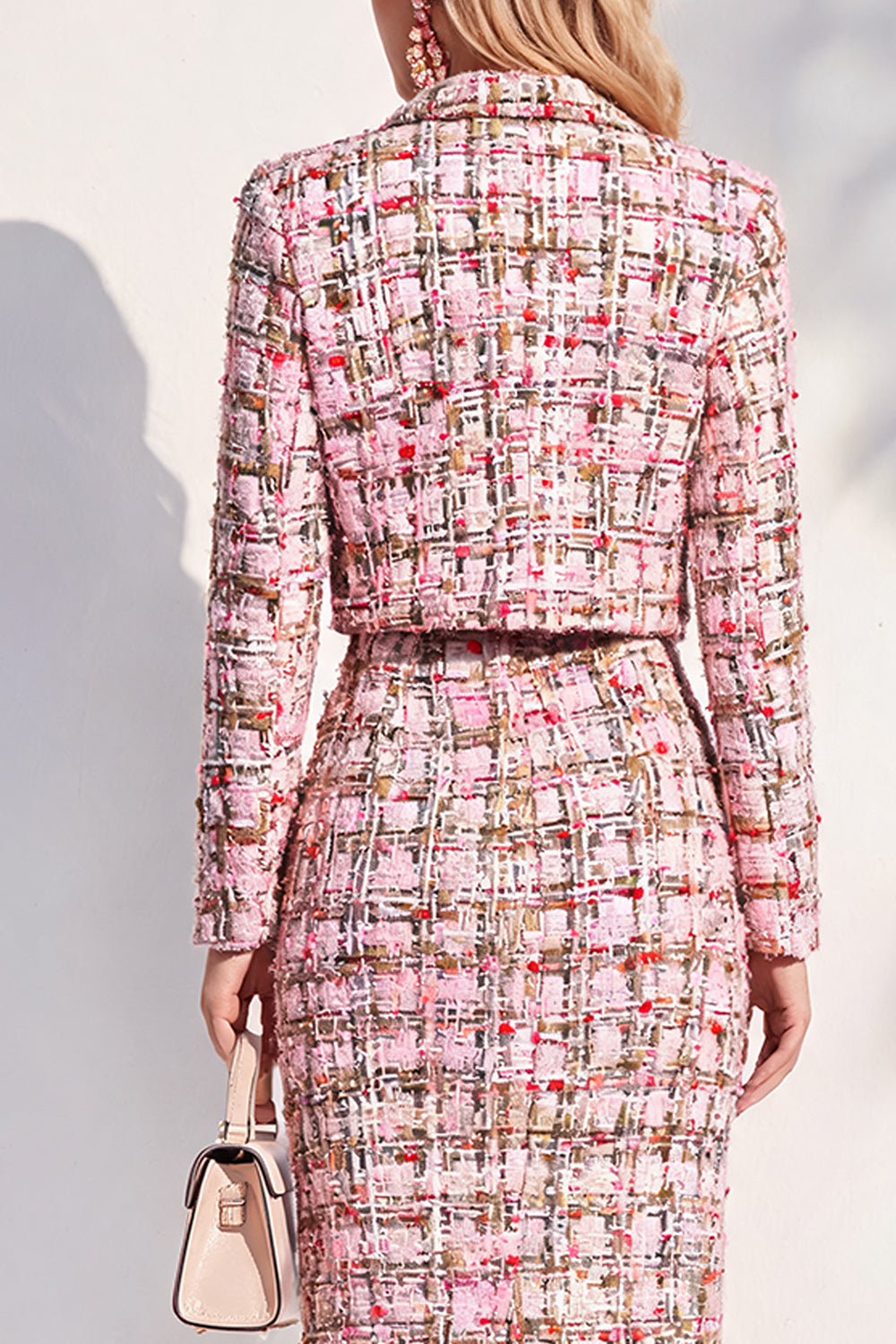 Pink Notched Lapel Bodycon Tweed Midi 2 Piece Blazer Dress