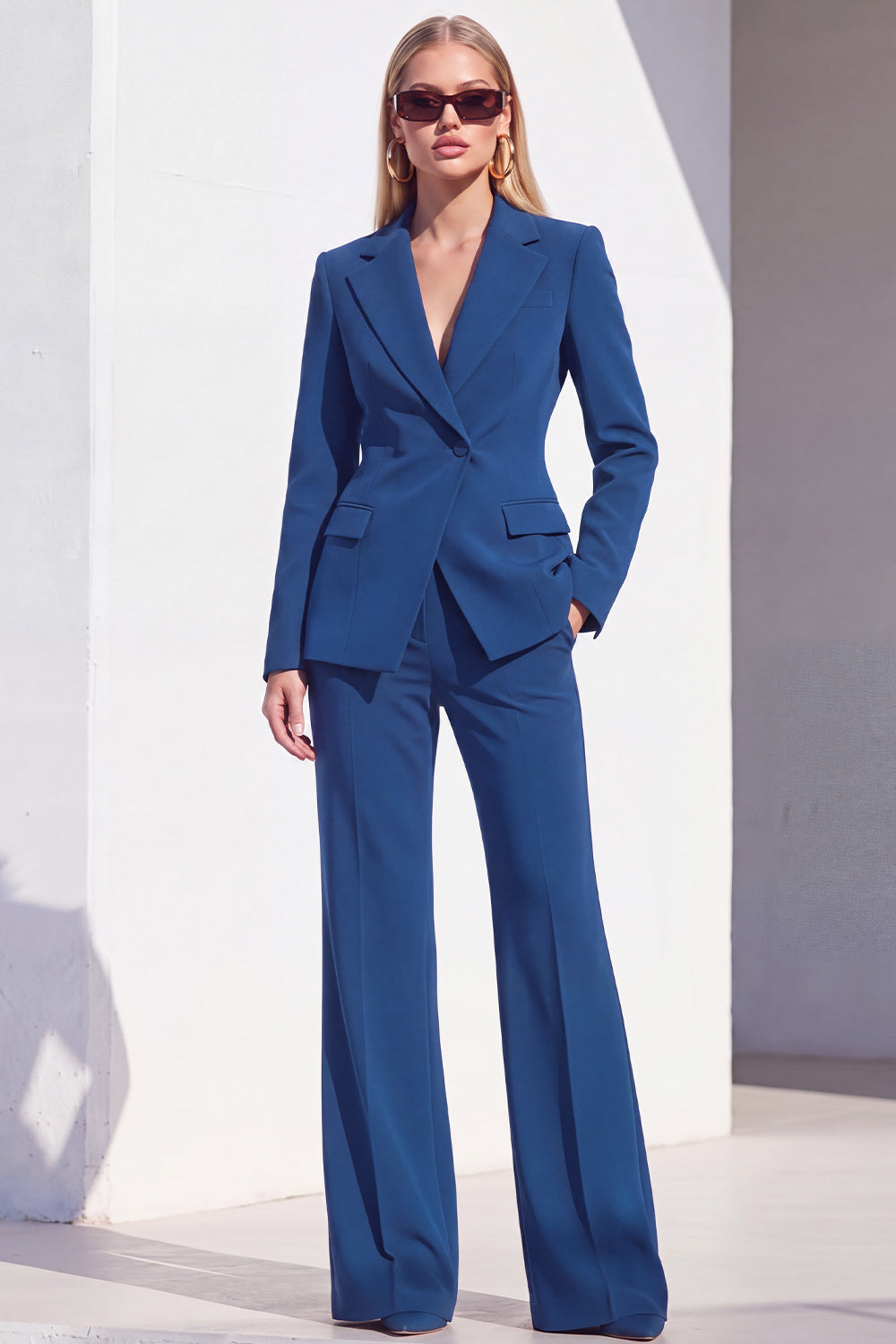 2 Piece Grey Blue Slim Fit One Button Notched Lapel Work Suits