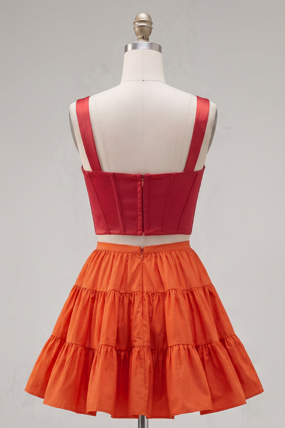 2 Piece A-Line Ruffled Red Orange Short Corset Homecoming Dress
