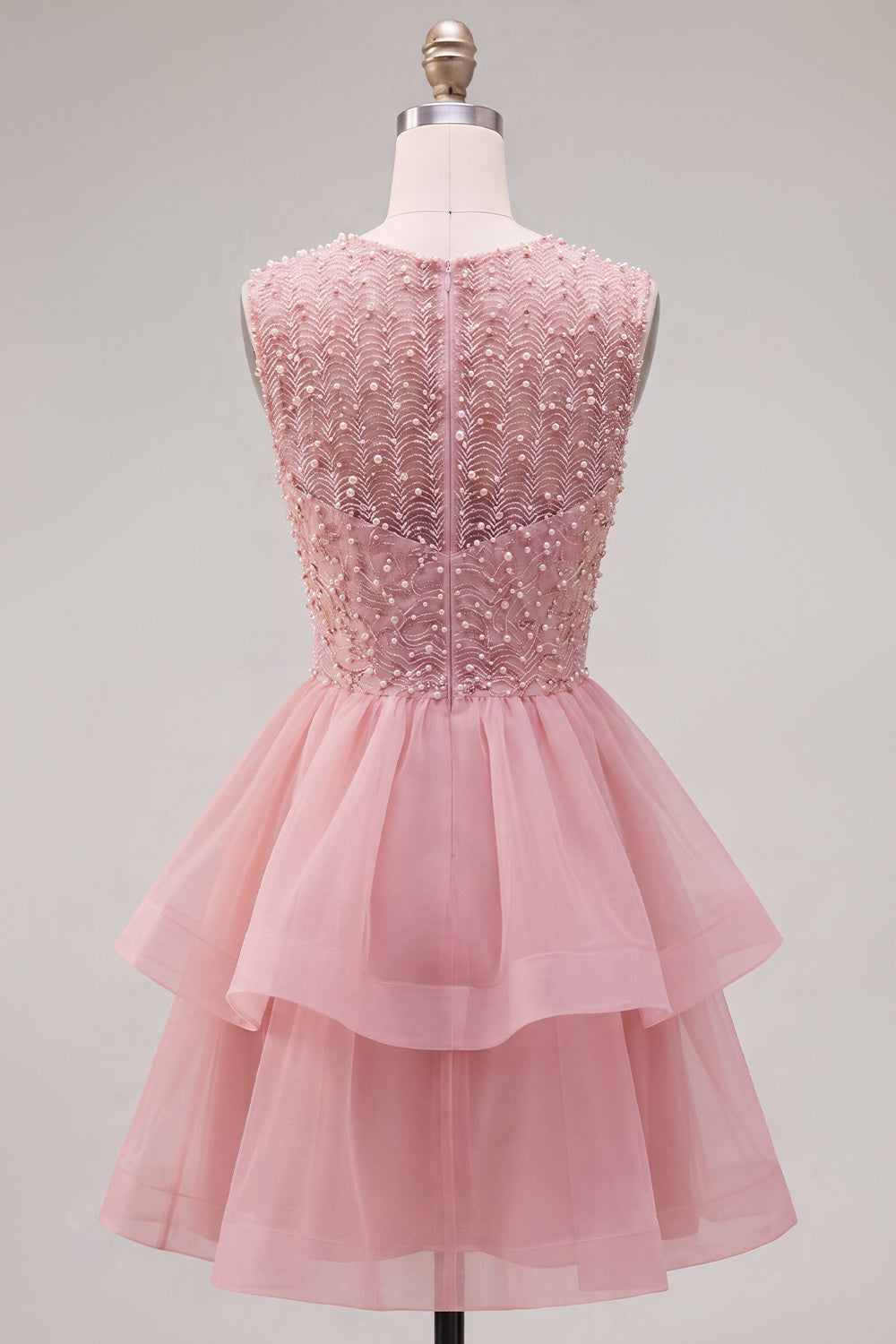 Sparkly Pink A-Line Illusion Neck Beaded Tiered Short Homecoming Dress