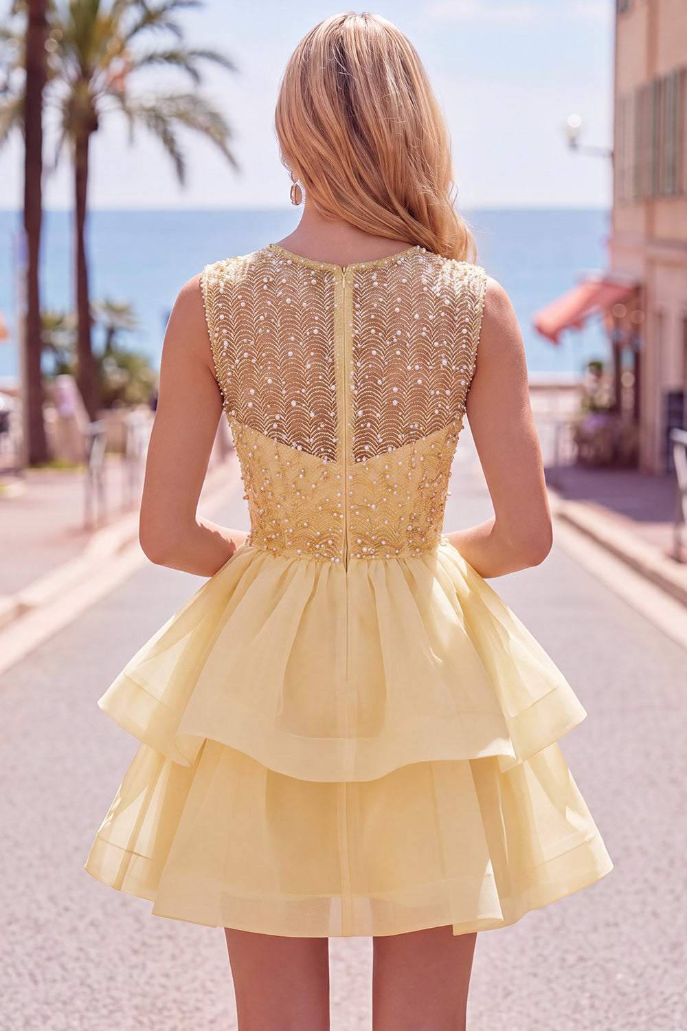 Sparkly Pink A-Line Illusion Neck Beaded Tiered Short Homecoming Dress