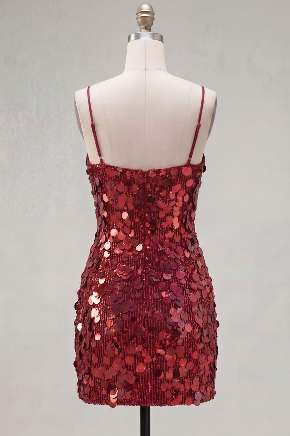 Sparkly Burgundy Sequin Tight Spaghetti Straps Short Cocktail Dress