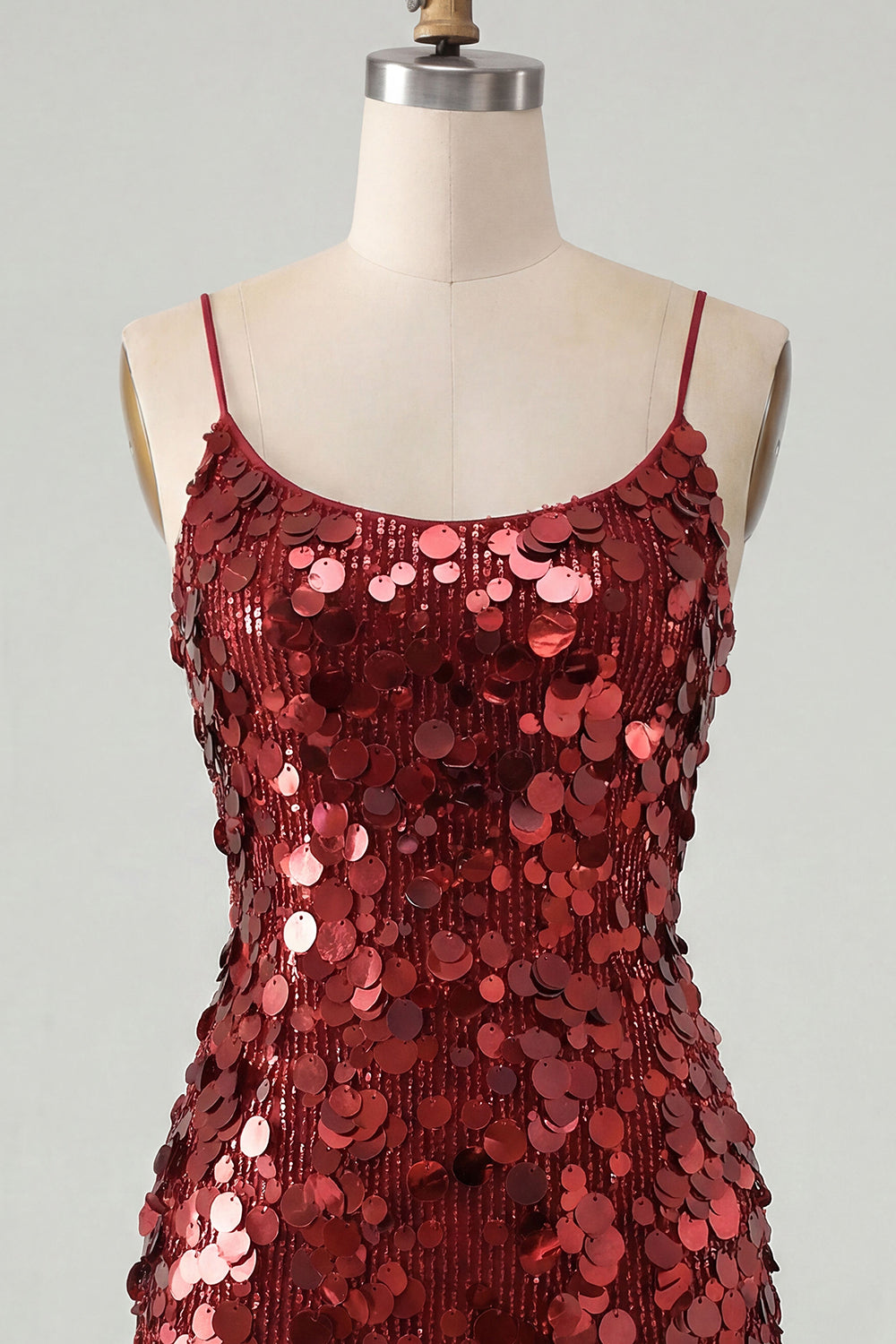Sparkly Burgundy Sequin Tight Spaghetti Straps Short Cocktail Dress