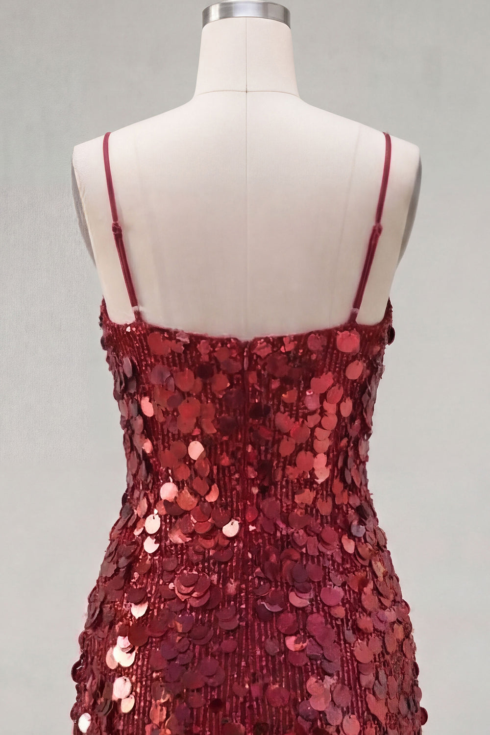 Sparkly Burgundy Sequin Tight Spaghetti Straps Short Cocktail Dress