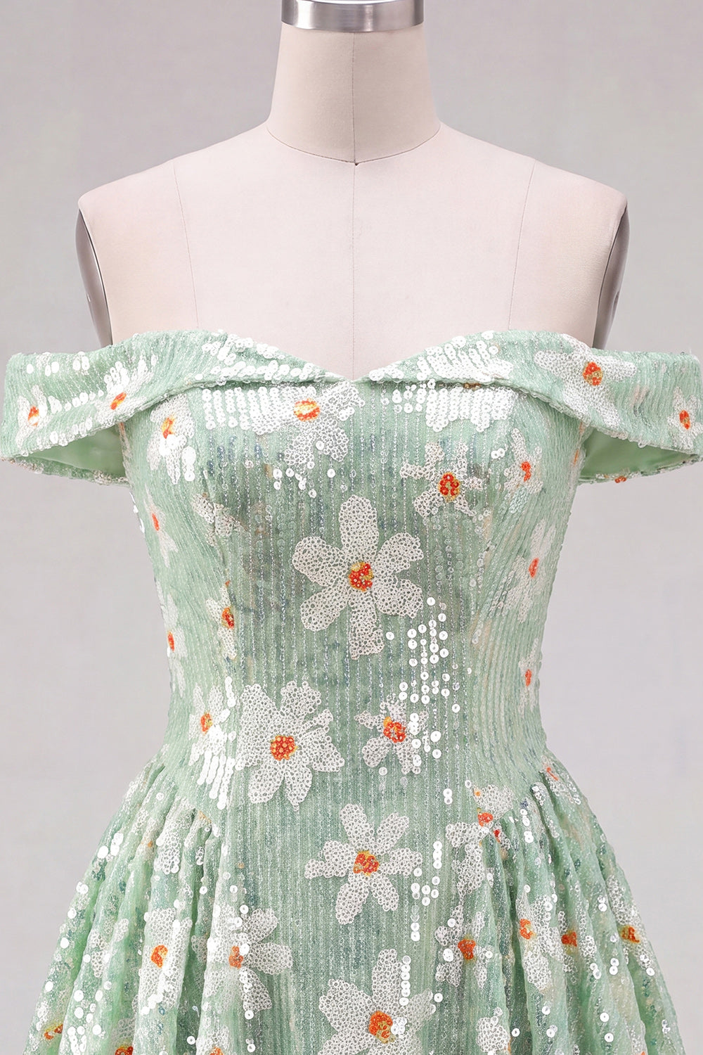 Sparkly Green Floral A-Line Off the Shoulder Short Cocktail Dress
