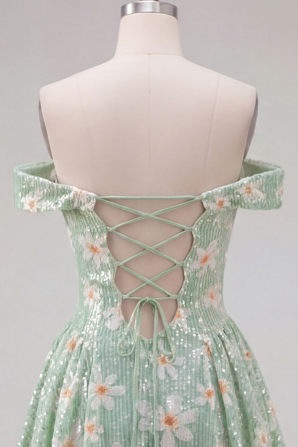 Sparkly Green Floral A-Line Off the Shoulder Short Cocktail Dress