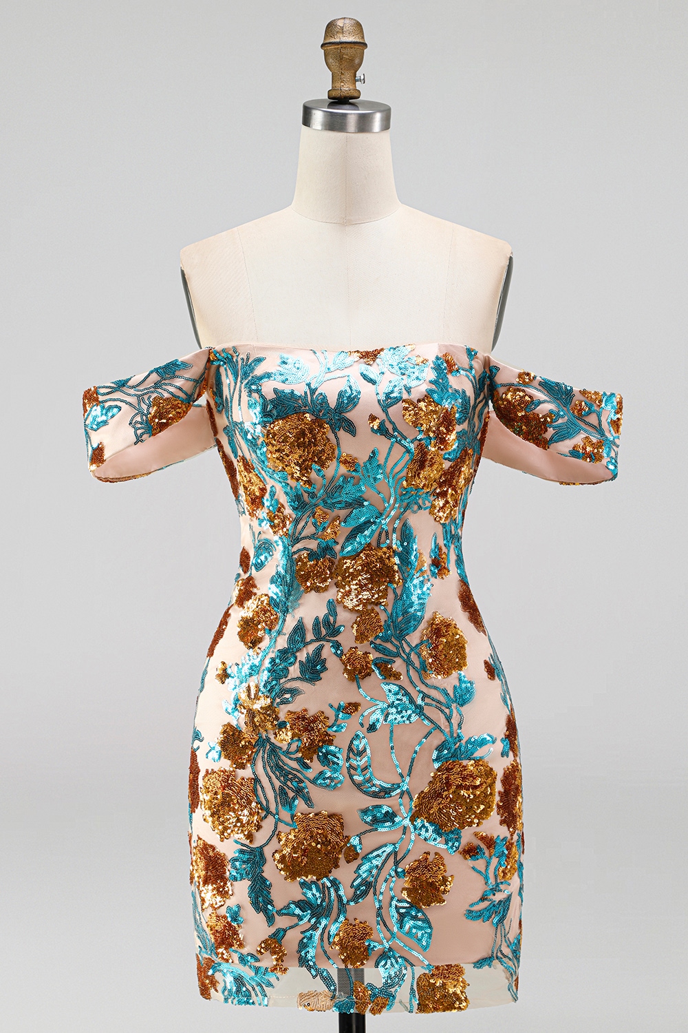 Blue Sparkly Sequin Floral Off the Shoulder Short Tight Cocktail Dress