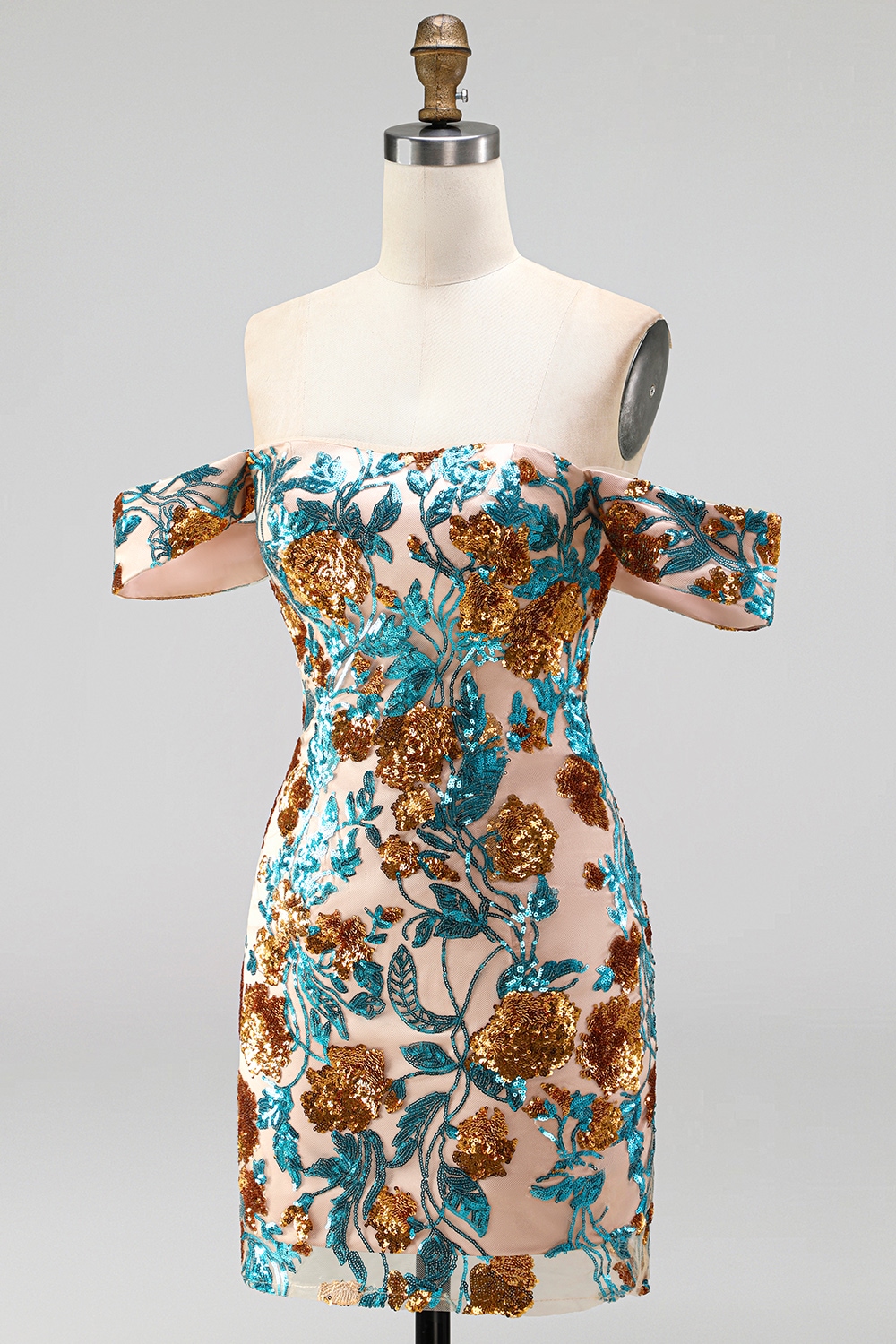 Blue Sparkly Sequin Floral Off the Shoulder Short Tight Cocktail Dress