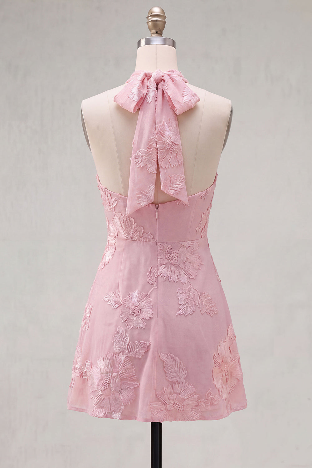 Pink A-Line Halter Floral Short Cocktail Dress with Bow