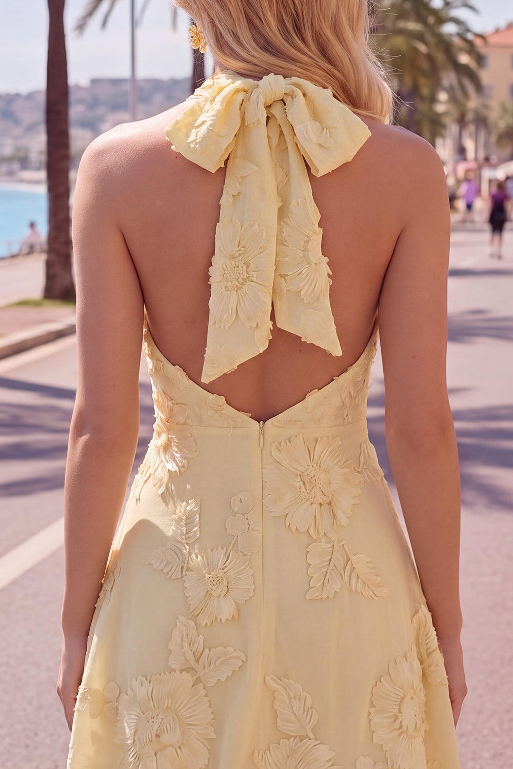 Pink A-Line Halter Floral Short Cocktail Dress with Bow