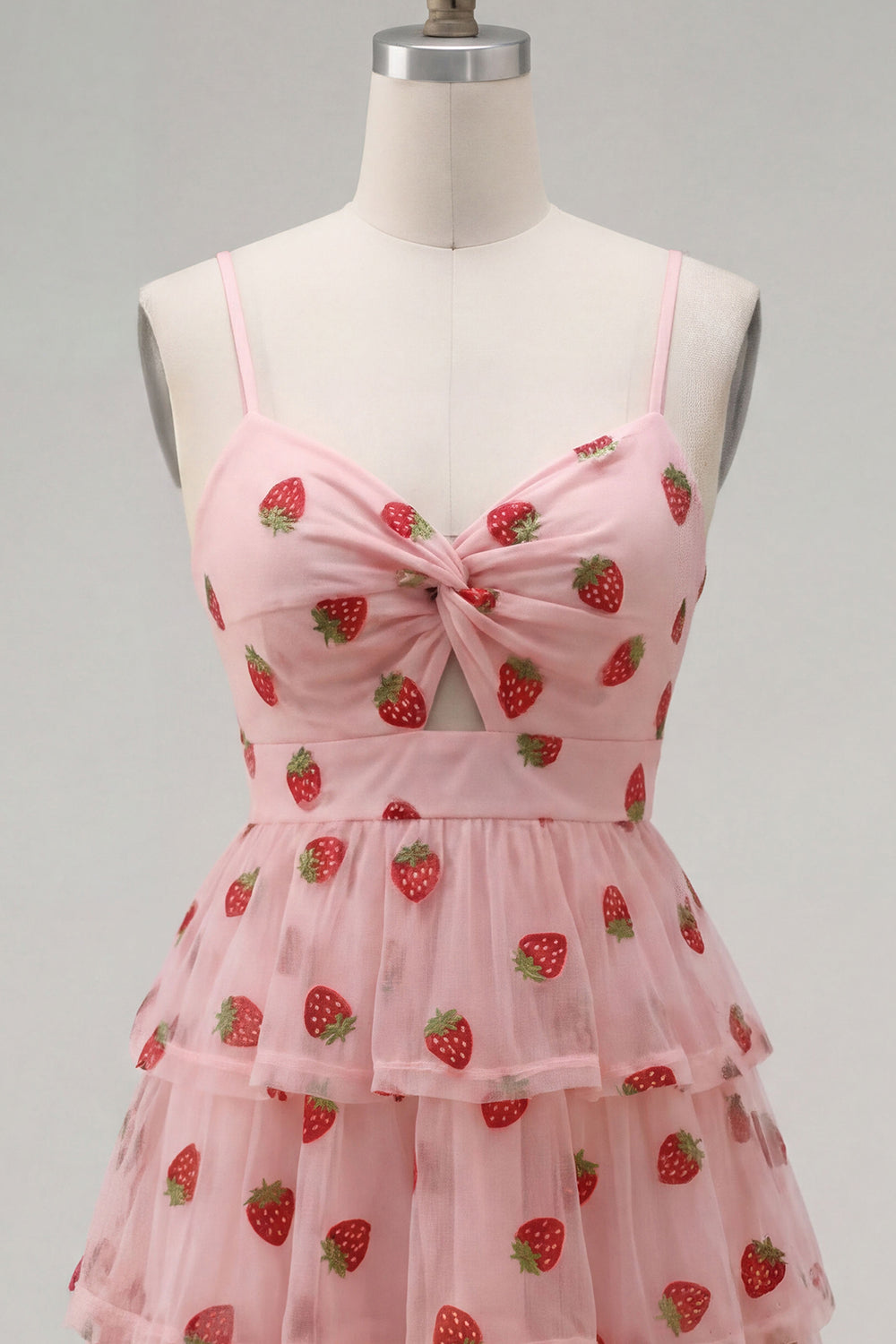 Pink Ruffled A Line Ruched Printed Keyhole Short Cocktail Dress