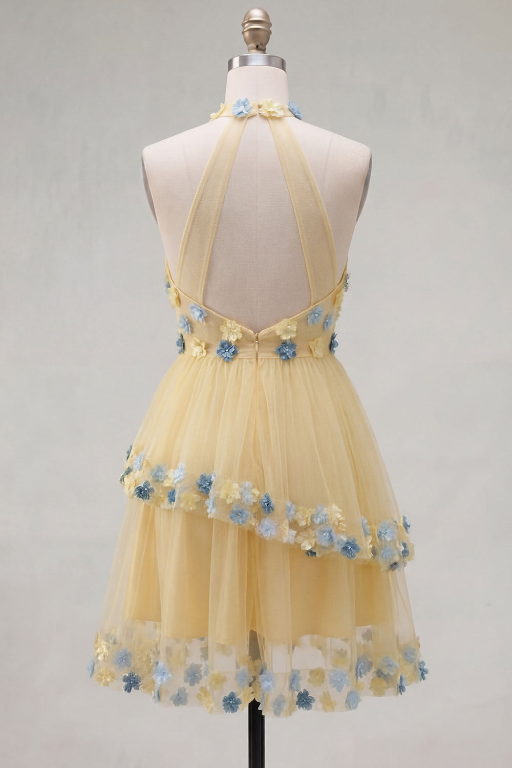 Floral Apricot Ruffled A-Line Halter Short Cocktail Dress