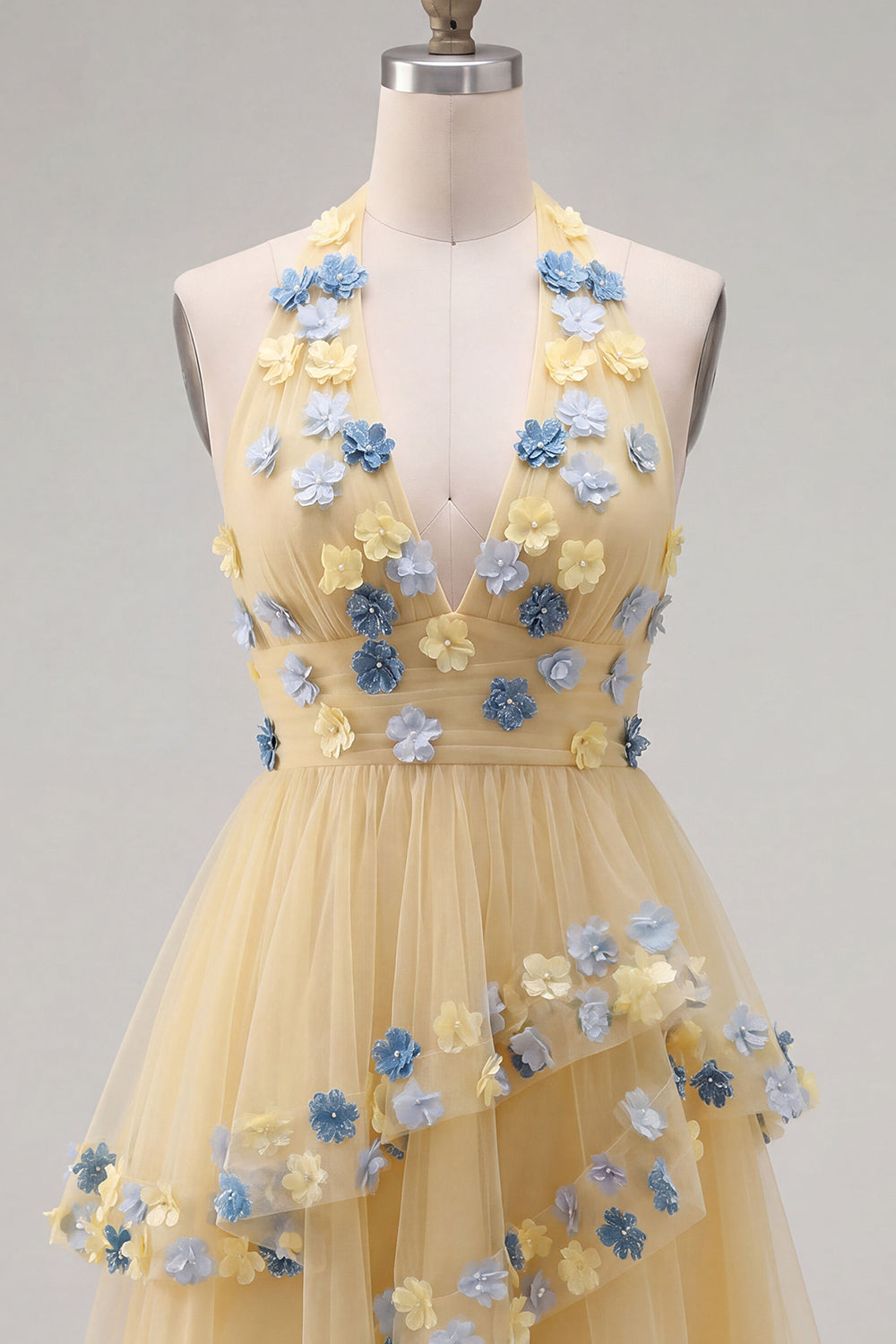 Floral Apricot Ruffled A-Line Halter Short Cocktail Dress