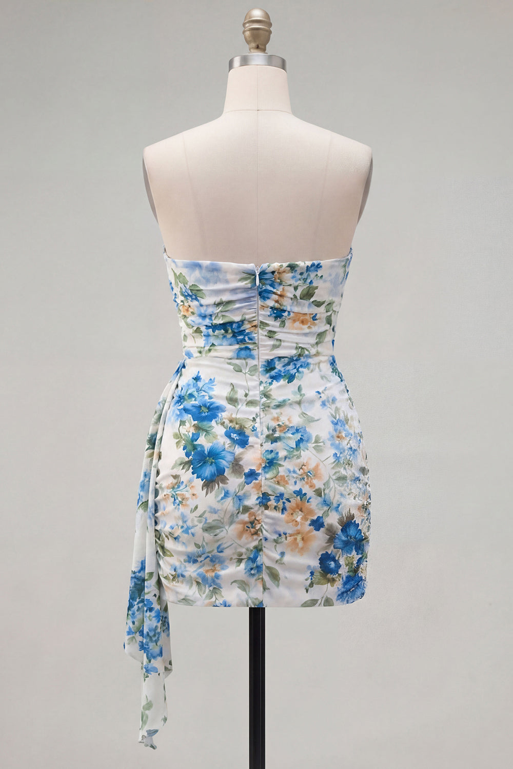 Ivory Blue Flower Ruched Strapless Short Cocktail Dress with Sash