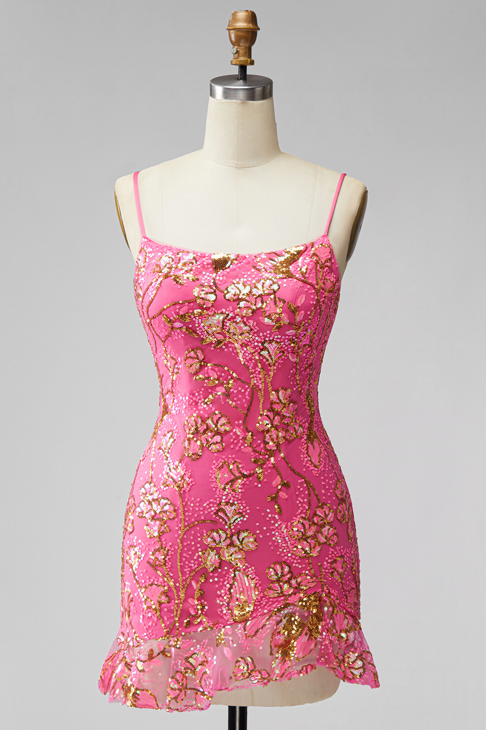 Fuchsia Floral Ruffled Tight Short Cocktail Dress