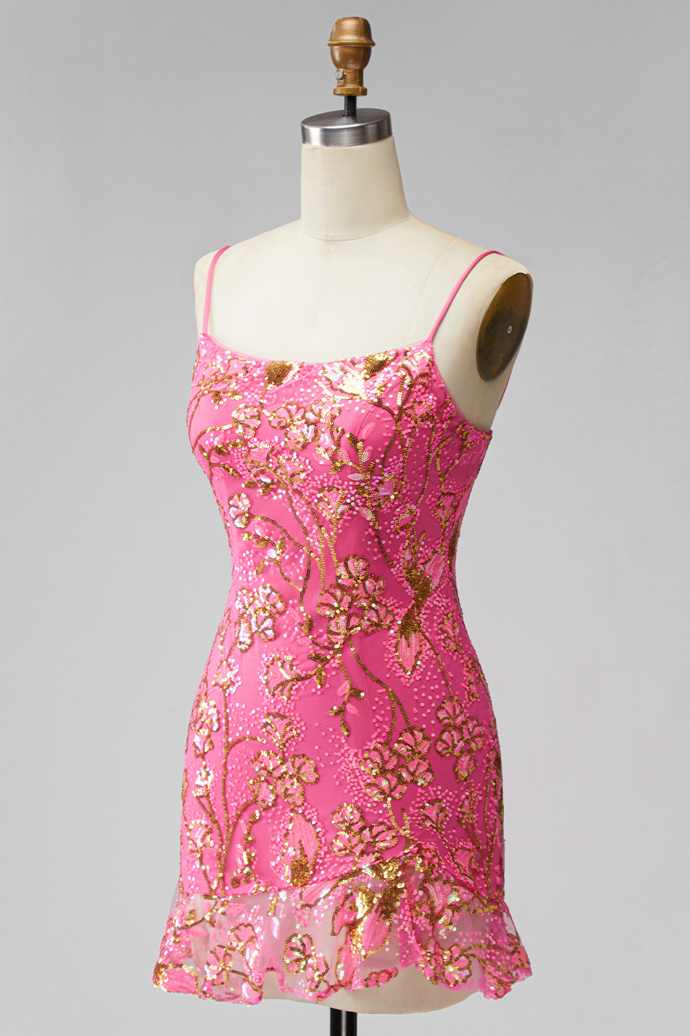 Fuchsia Floral Ruffled Tight Short Cocktail Dress