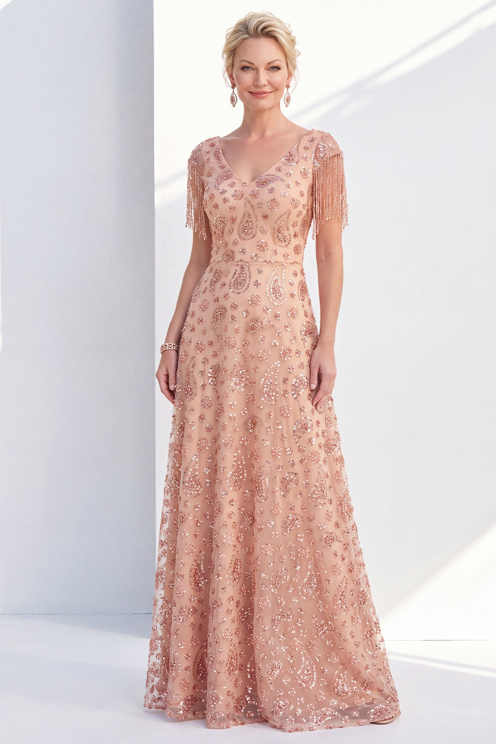 Sparkly Floral Champagne V-Neck A Line Long Wedding Guest Dress with Fringes