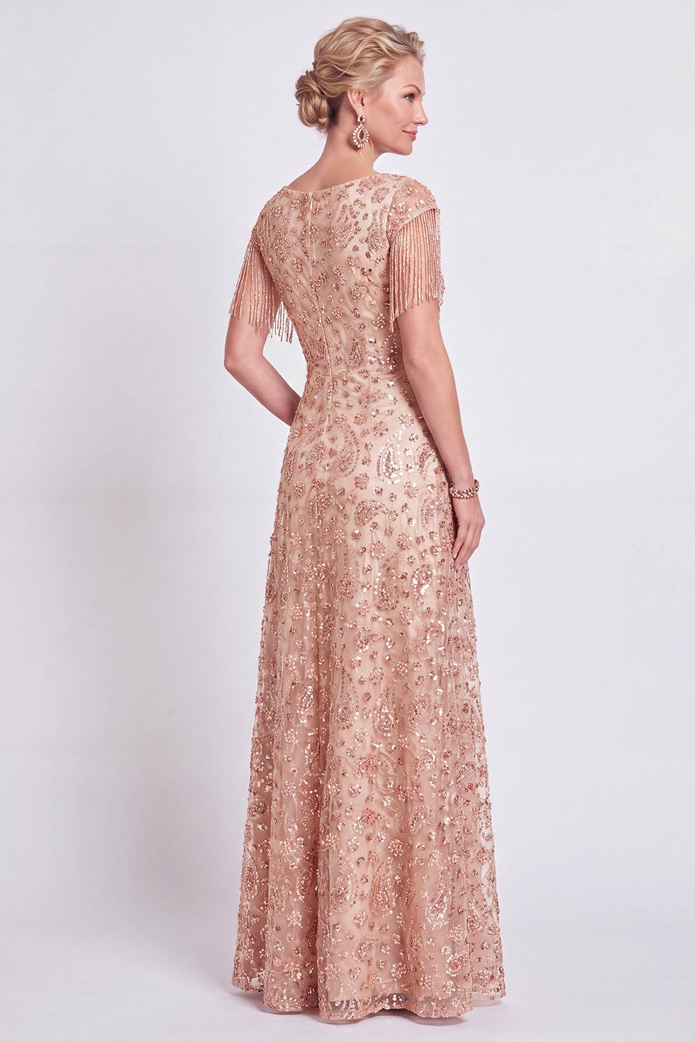 Sparkly Floral Champagne V-Neck A Line Long Wedding Guest Dress with Fringes