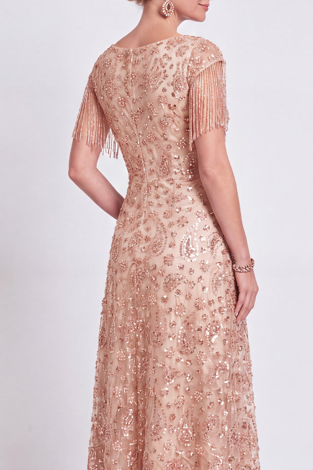 Sparkly Floral Champagne V-Neck A Line Long Wedding Guest Dress with Fringes