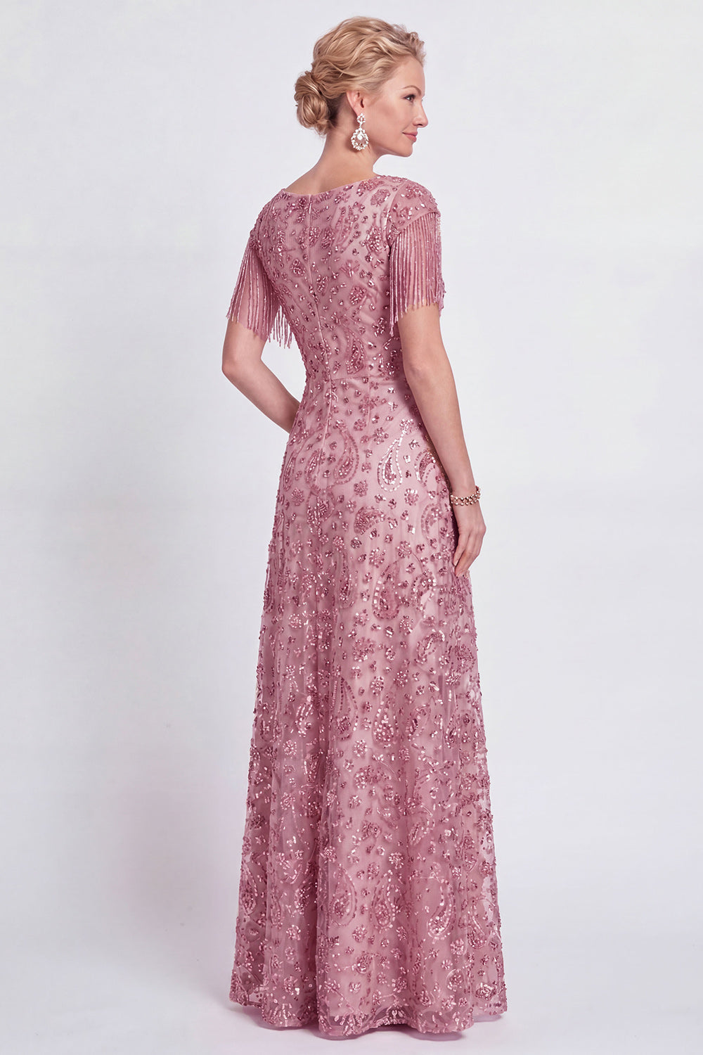 Sparkly Floral Champagne V-Neck A Line Long Wedding Guest Dress with Fringes