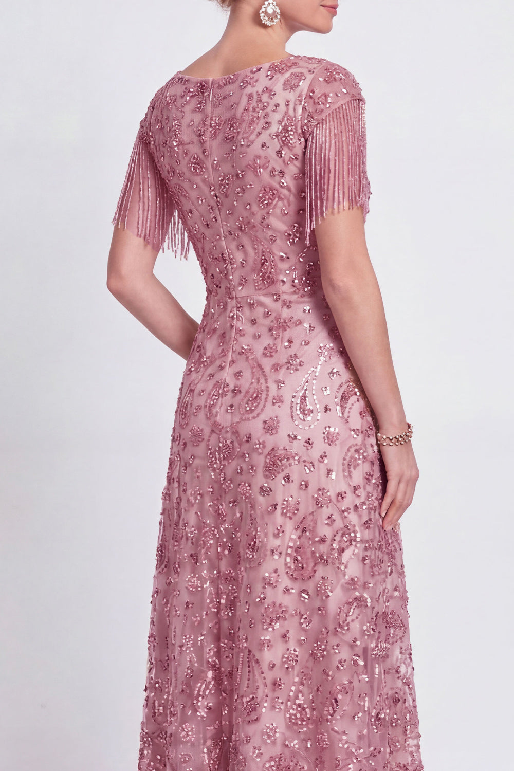 Sparkly Floral Champagne V-Neck A Line Long Wedding Guest Dress with Fringes