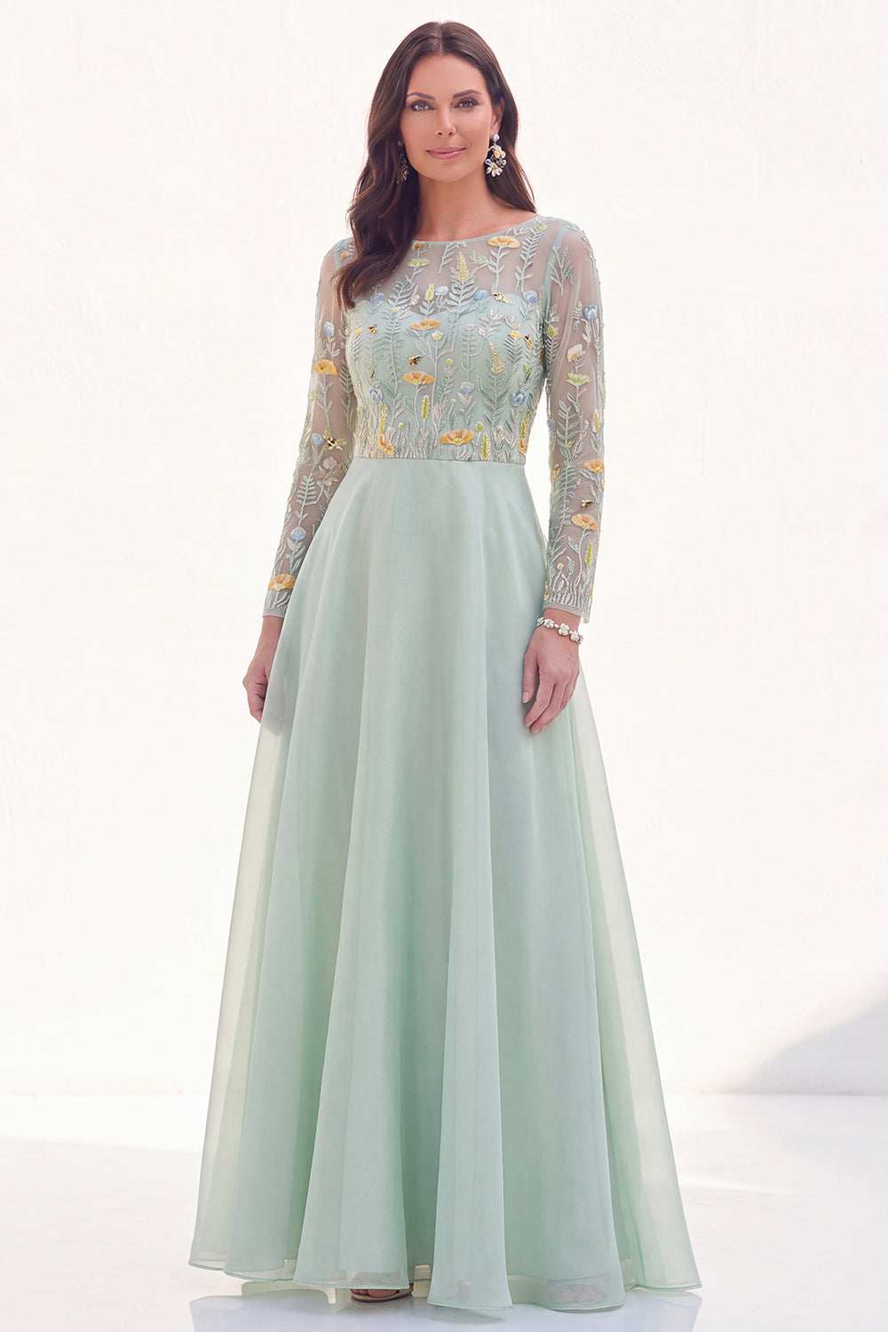 Navy Floral Long Sleeves Illusion Boat Neck Wedding Guest Dress