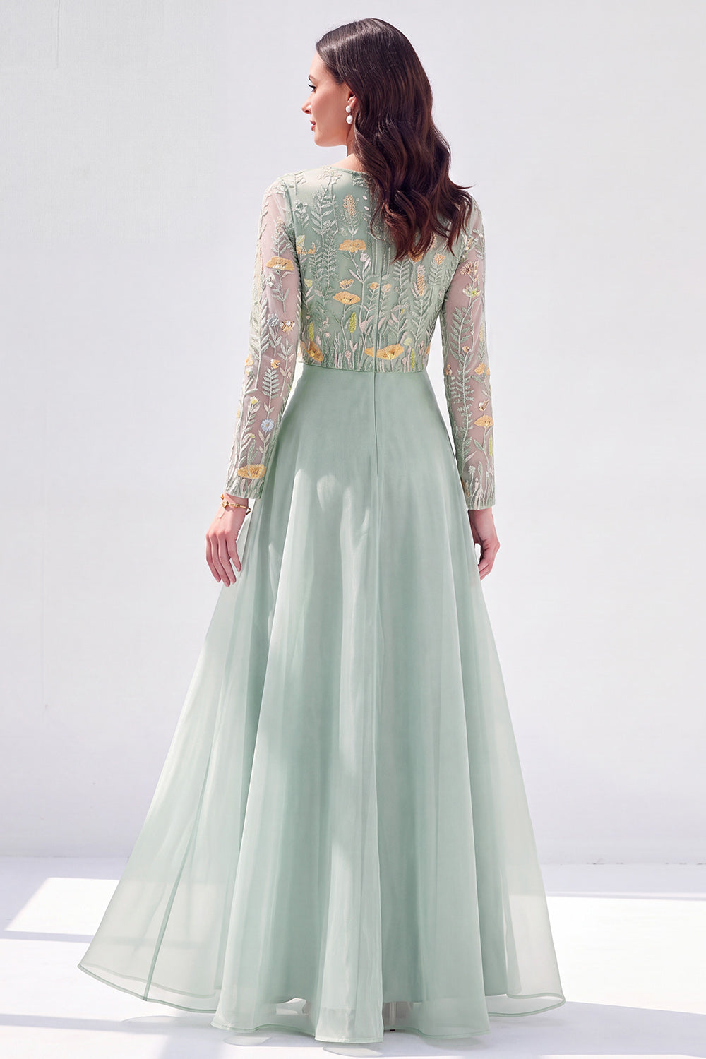 Navy Floral Long Sleeves Illusion Boat Neck Wedding Guest Dress