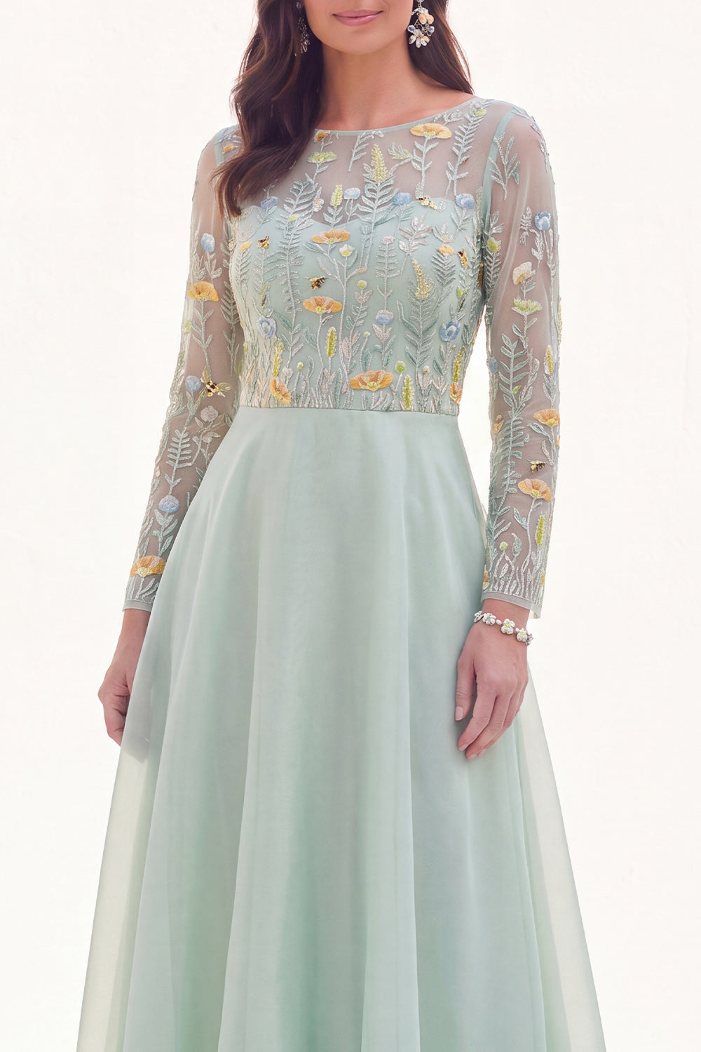 Navy Floral Long Sleeves Illusion Boat Neck Wedding Guest Dress