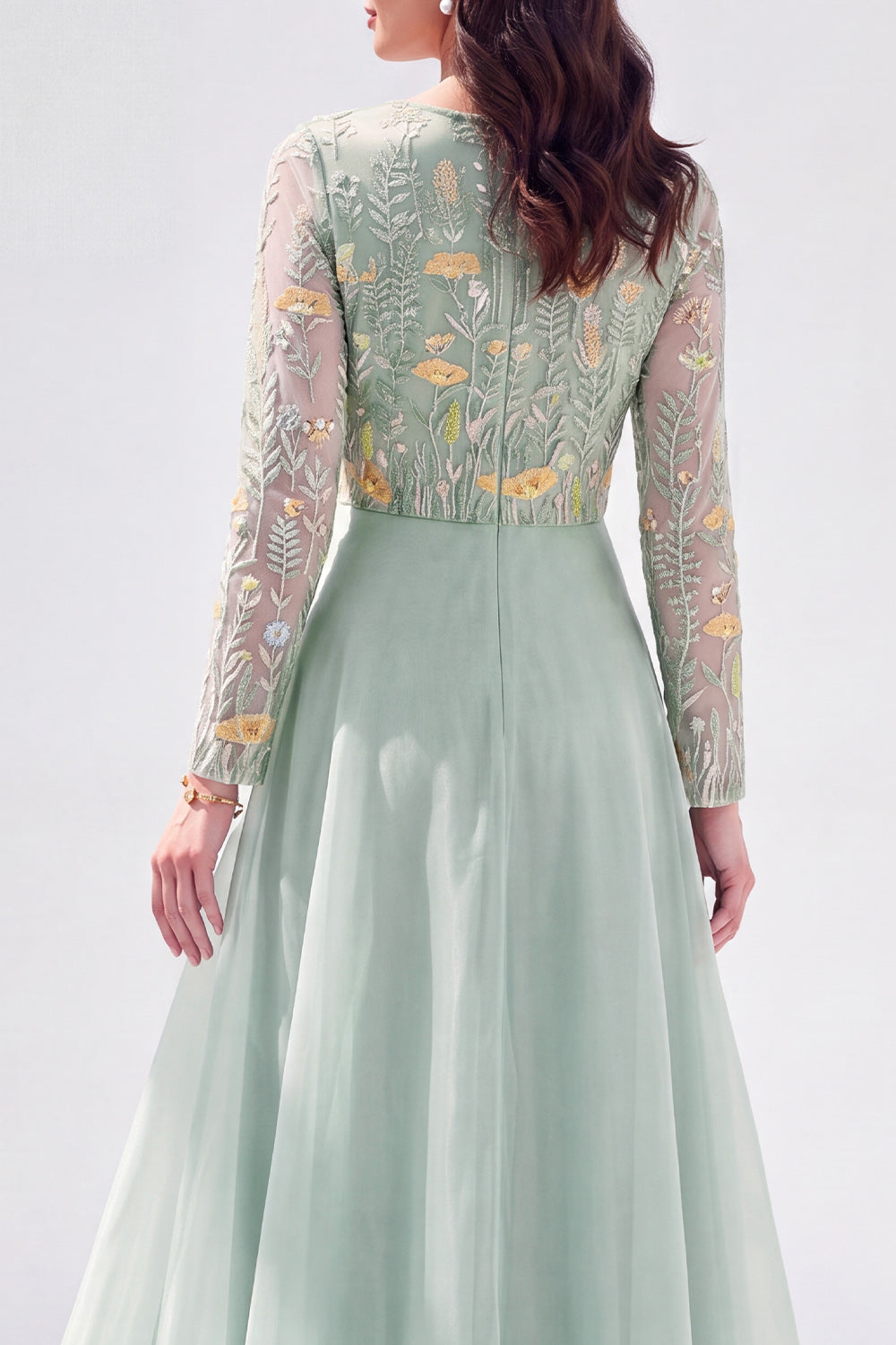 Navy Floral Long Sleeves Illusion Boat Neck Wedding Guest Dress