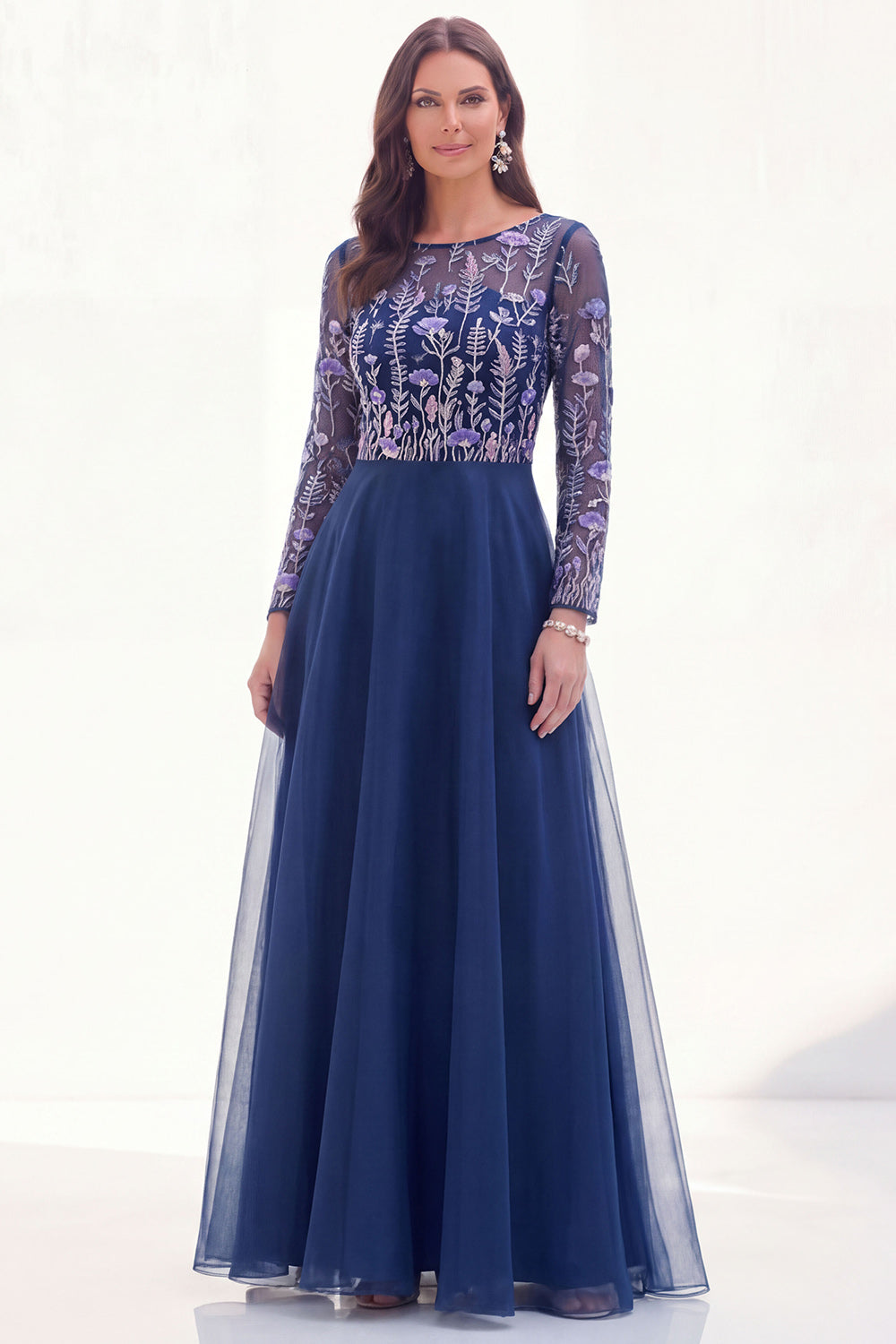 Navy Floral Long Sleeves Illusion Boat Neck Wedding Guest Dress