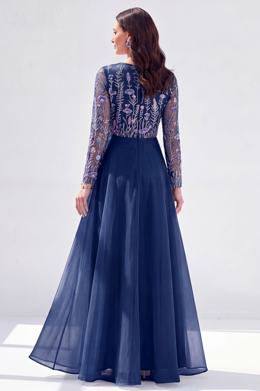 Navy Floral Long Sleeves Illusion Boat Neck Wedding Guest Dress